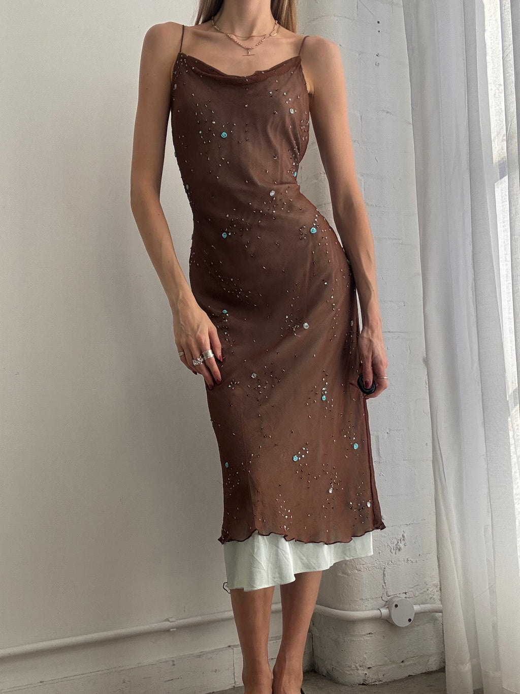 Vintage Y2K brown & blue cowl neck mesh slip dress