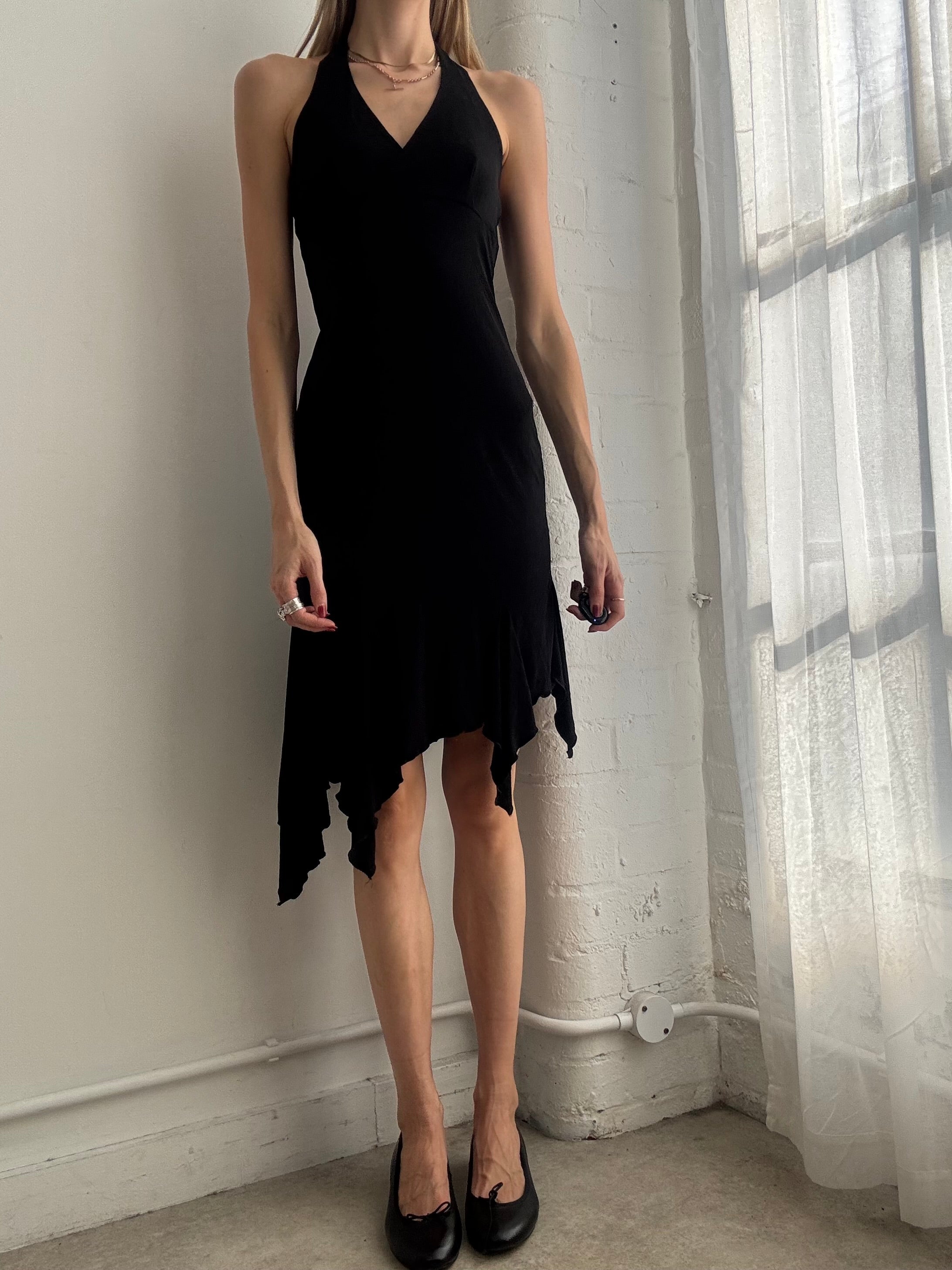 Vintage Y2k Halter Neck Asymmetric Midi Dress Black