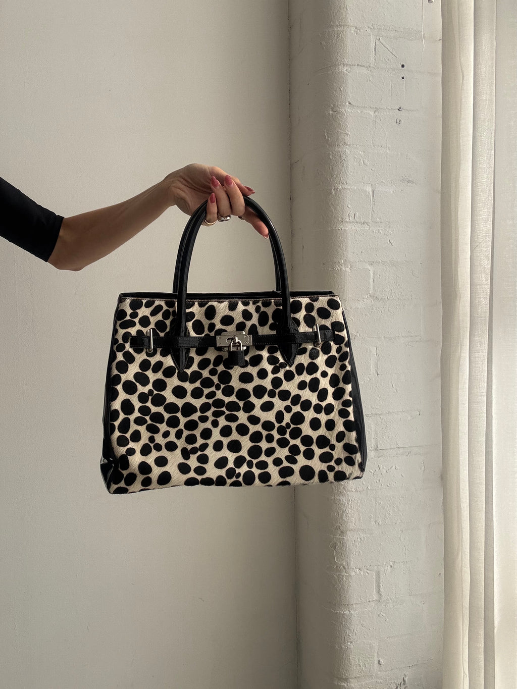 Vintage Y2K Black & White Leopard Print Ponyskin Structured Handbag