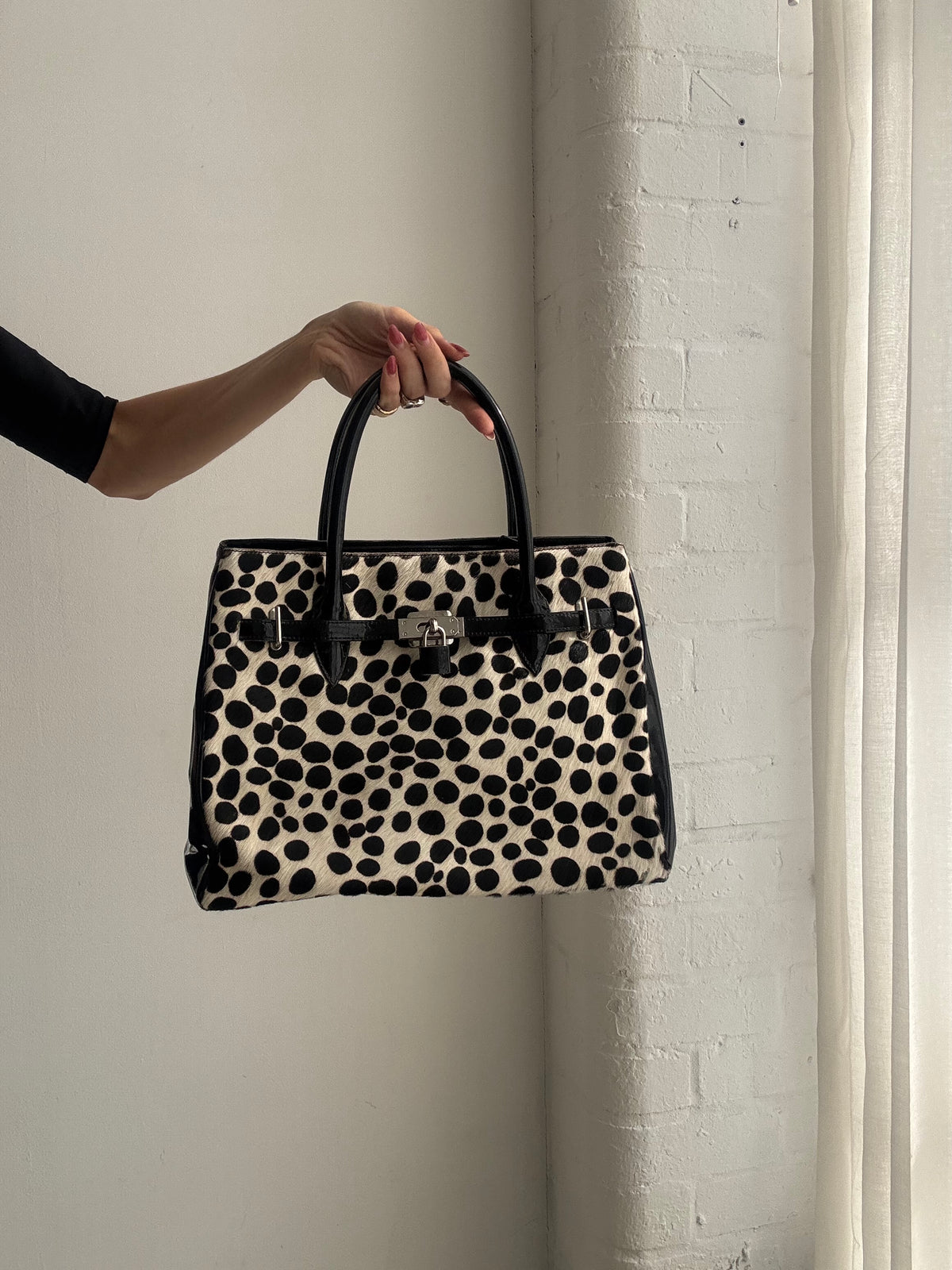 Vintage Y2K Black & White Leopard Print Ponyskin Structured Handbag