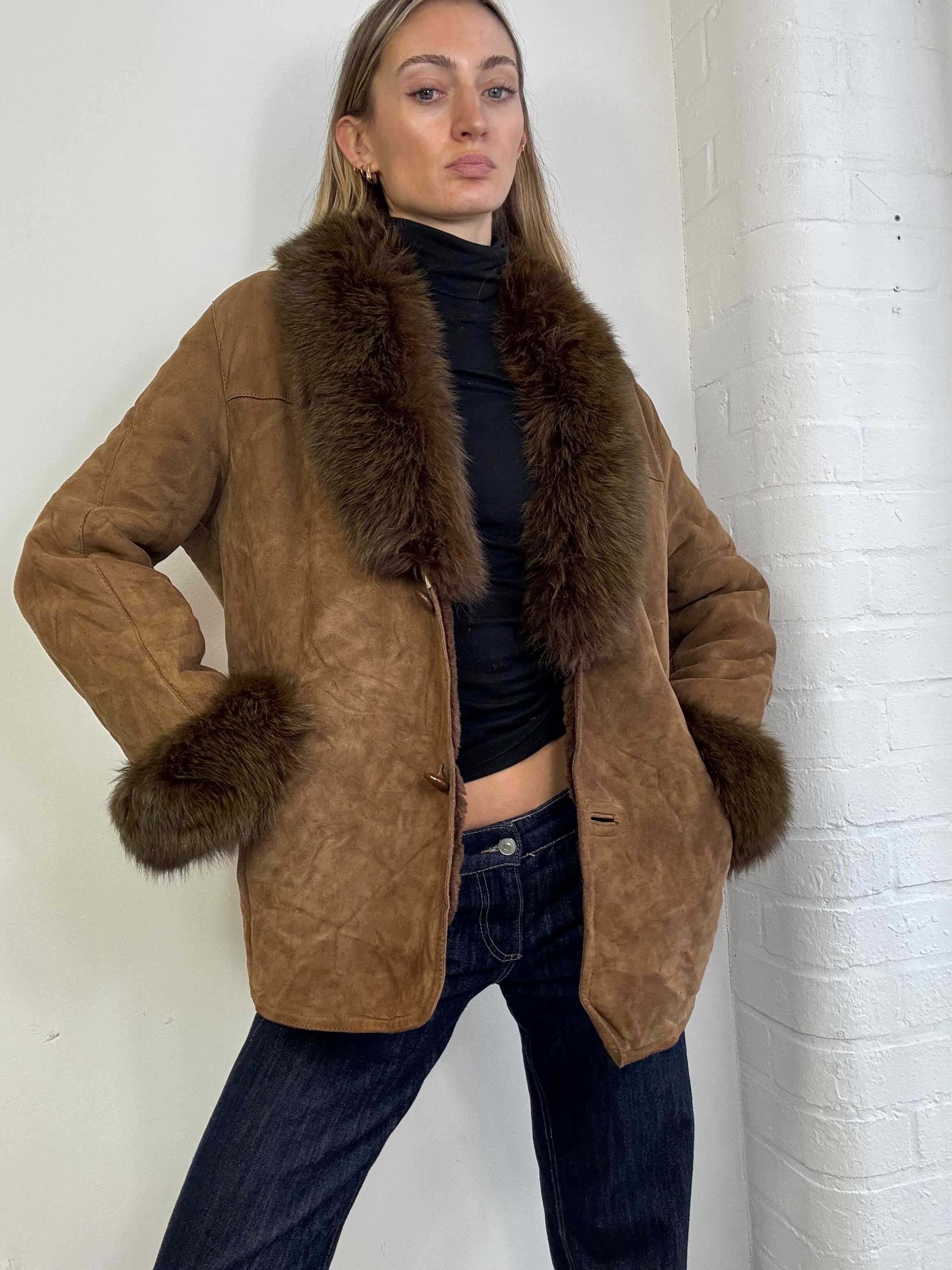 Vintage 90s sheepskin coat brown