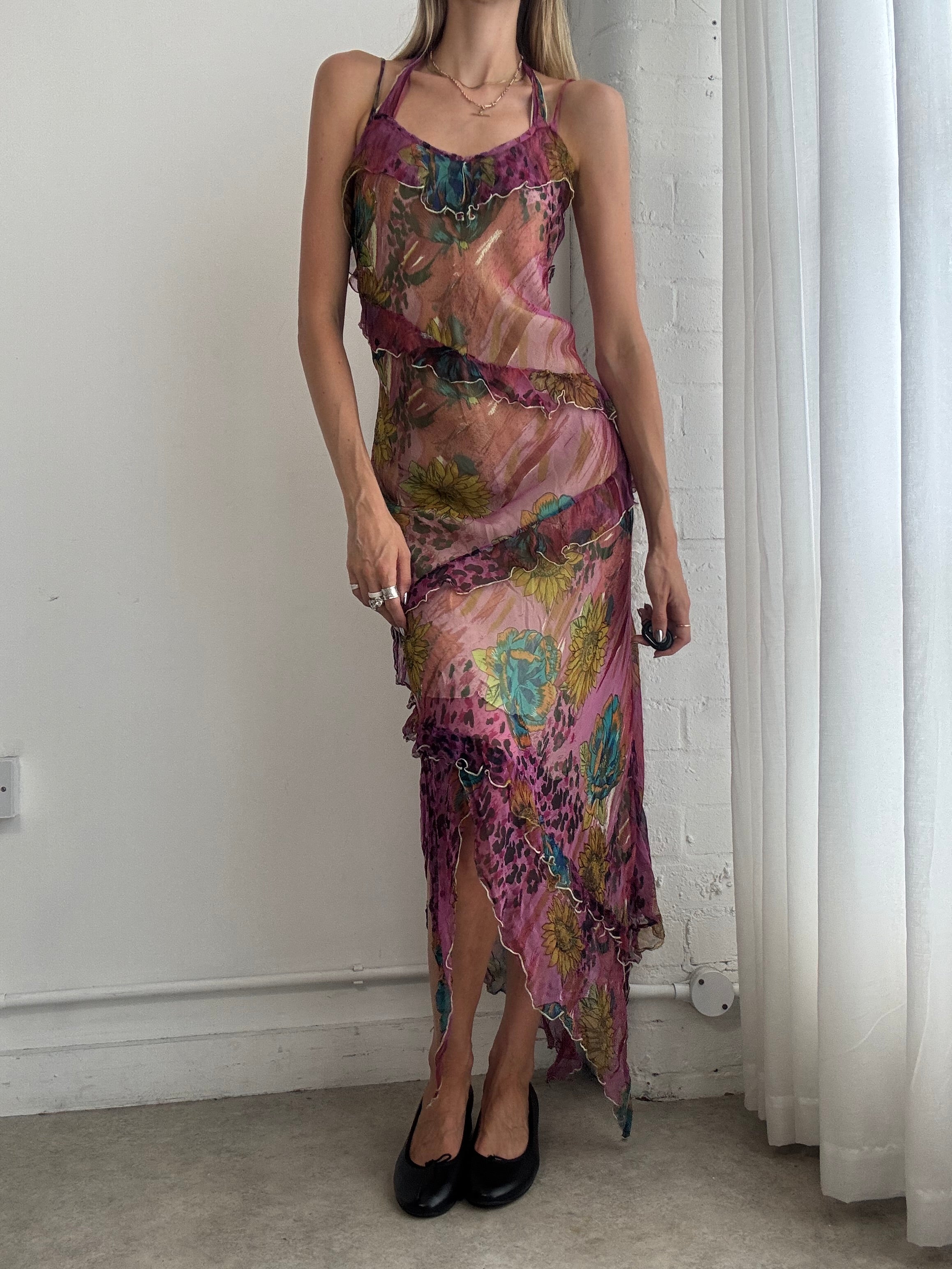 Vintage Y2K Floral Mesh Asymmetric Maxi Dress – Fairy Grunge Sheer Slip Dress - Size M