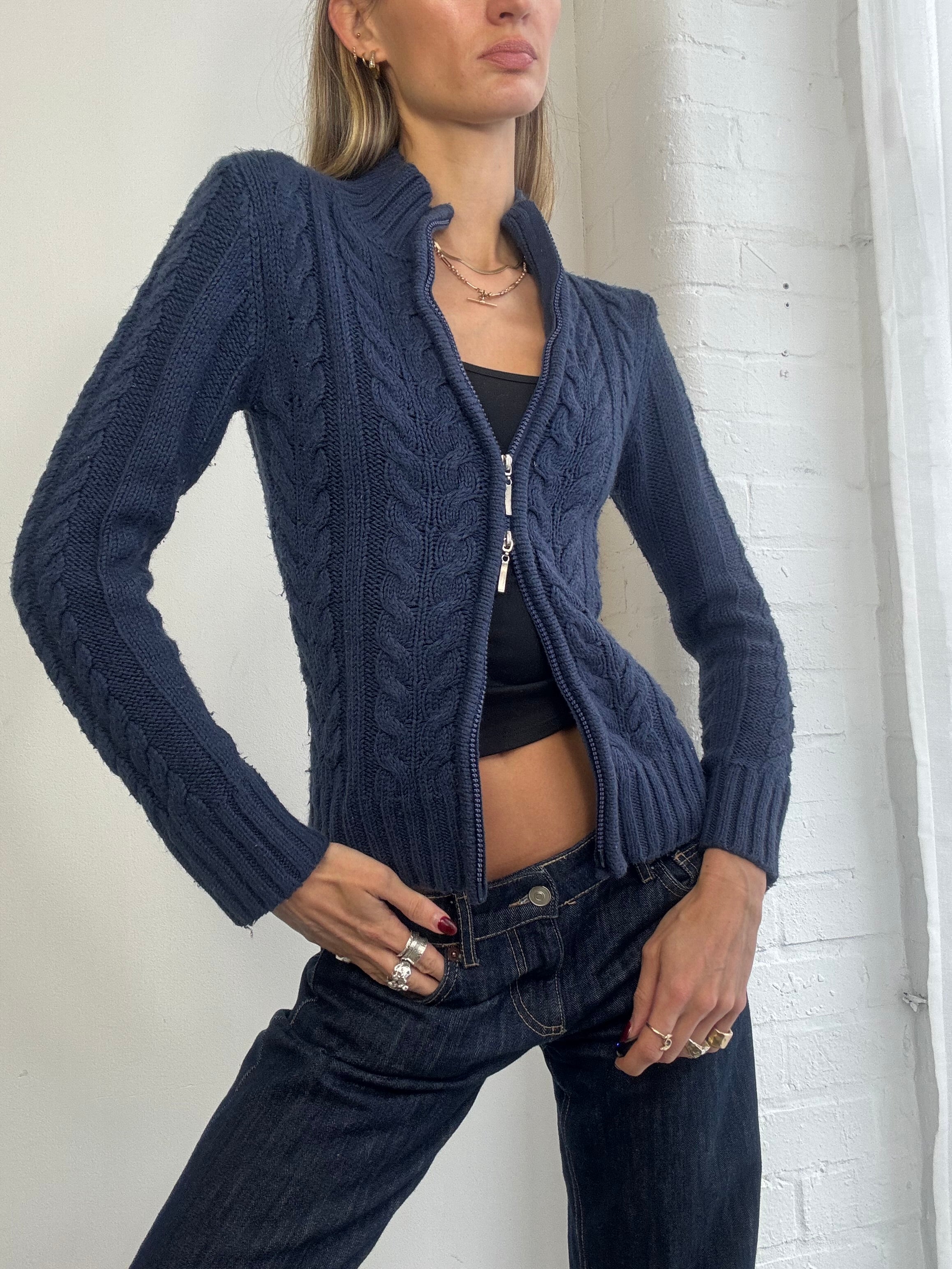 Vintage Y2K cable knit dual zip jumper navy blue