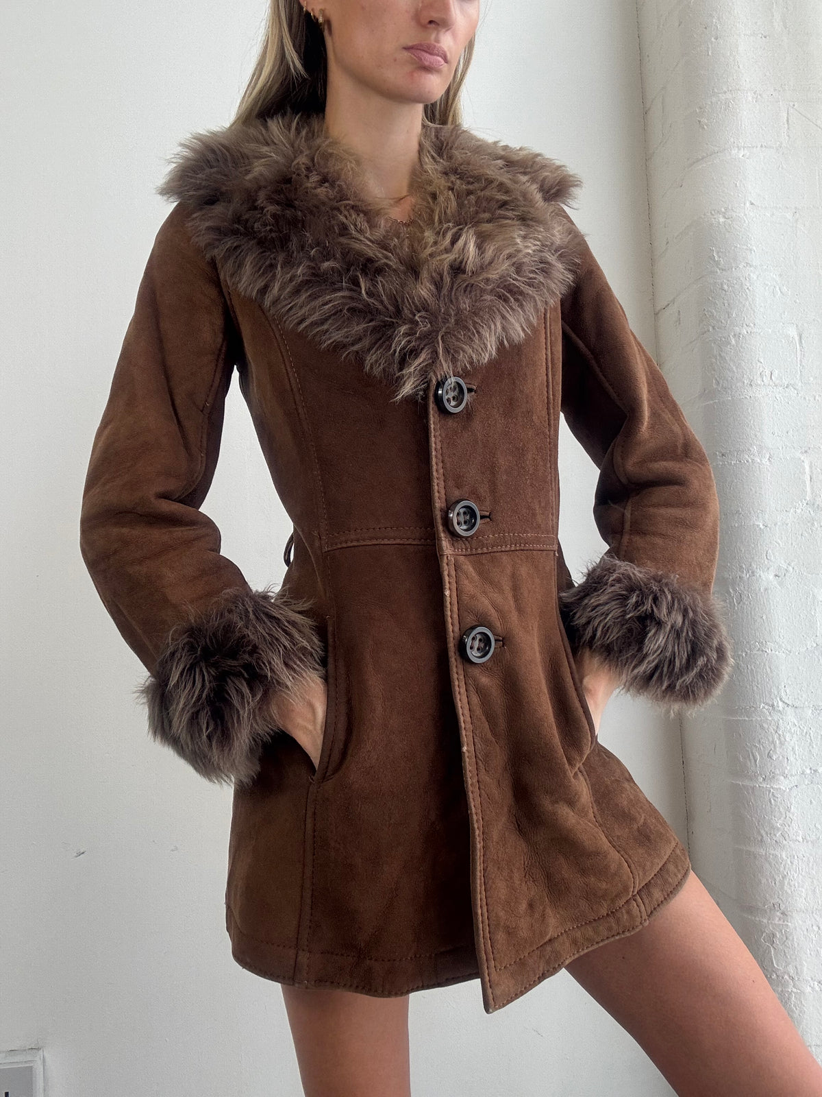 Vintage Y2K Brown Suede Fur Trim Afghan Coat - Size S