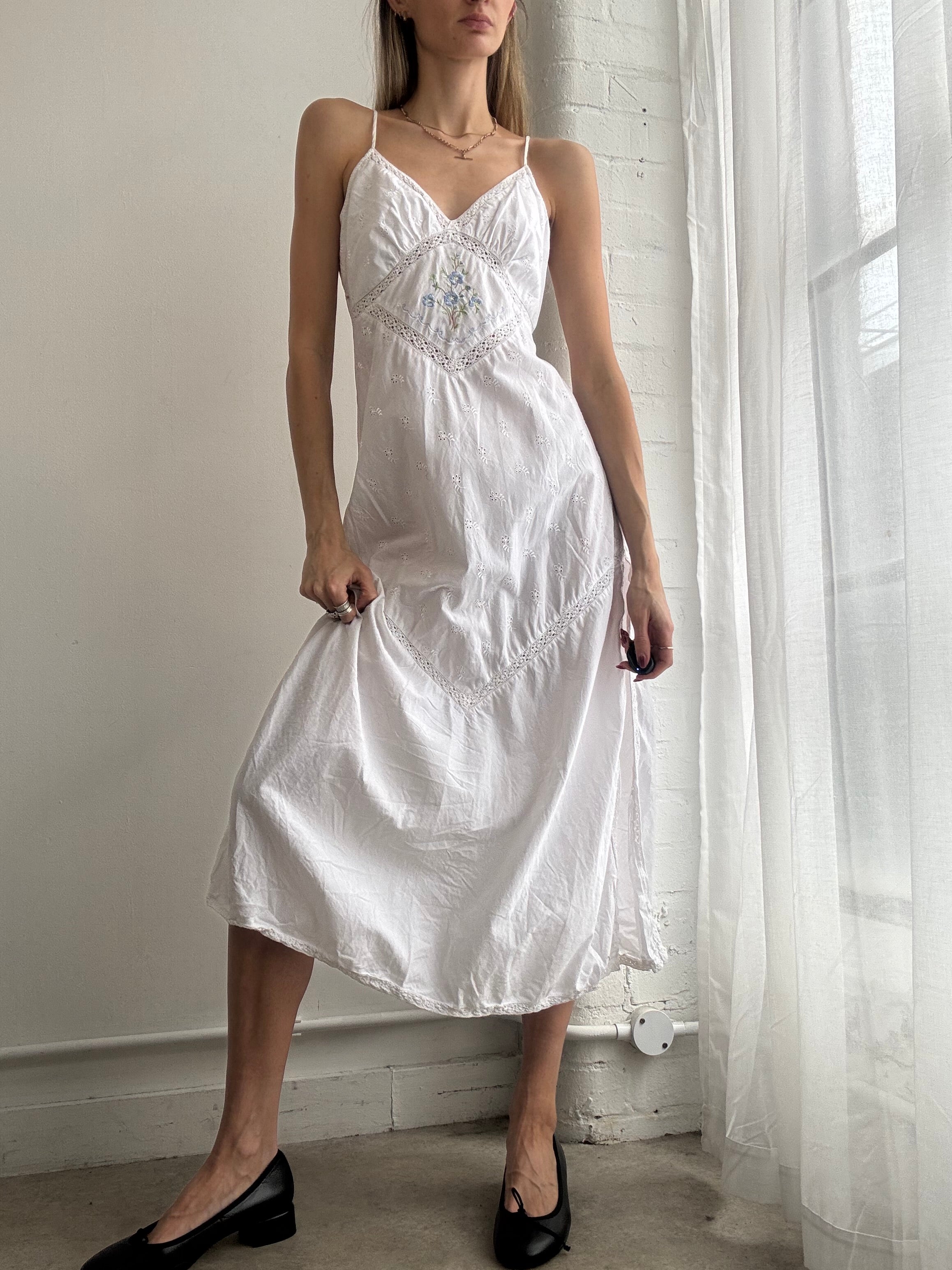 Vintage Y2K white embroidered broderie anglaise maxi slip dress