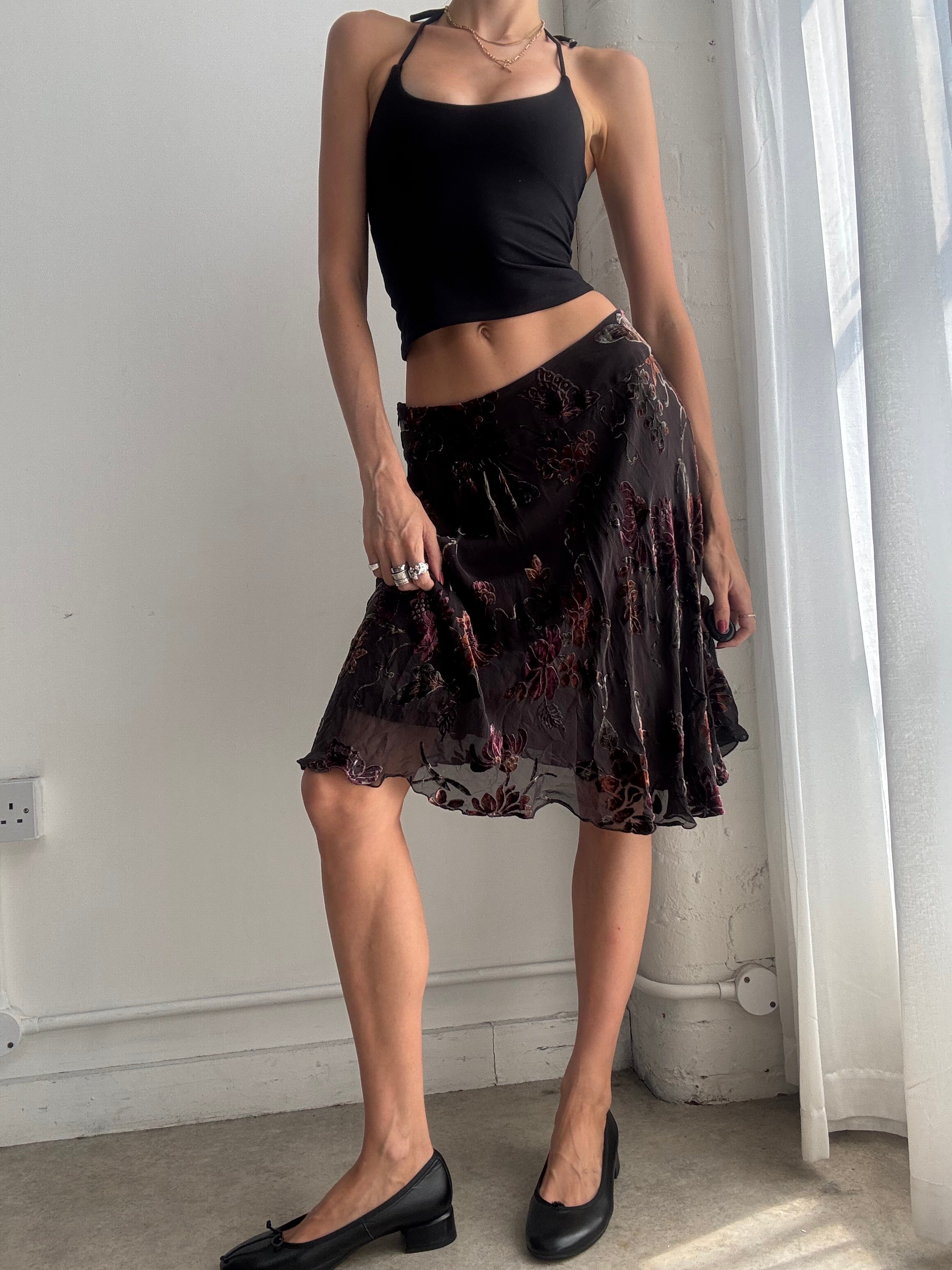 Vintage Y2K Floral Devore Velvet Midi Skirt – Brown Skirt - Size XS