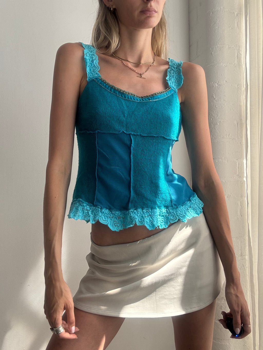Vintage Y2K Turquoise Lace Mesh Cami Top - Size M