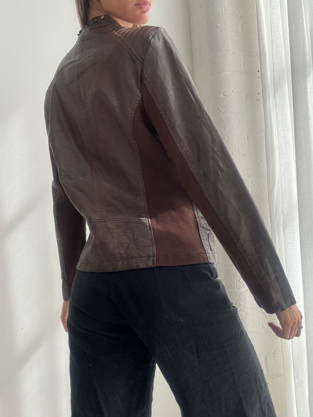 Vintage Y2K Chocolate Brown Faux Leather Biker Jacket - Size M