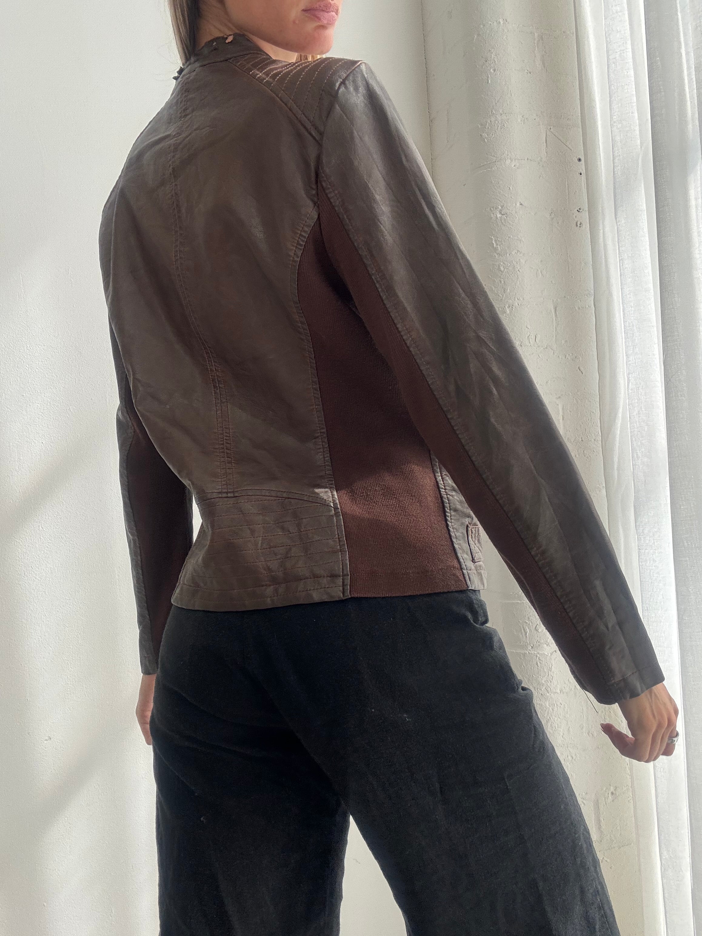 Vintage Y2K Chocolate Brown Faux Leather Biker Jacket - Size M