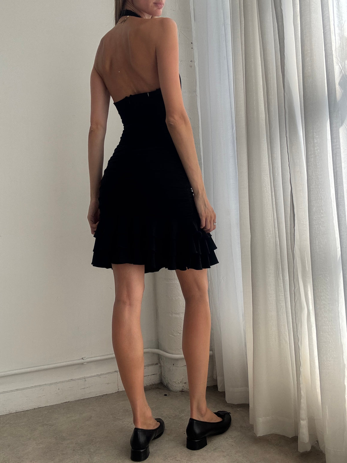 Vintage Y2K Black Halterneck Ruffle Mini Dress - Size XS