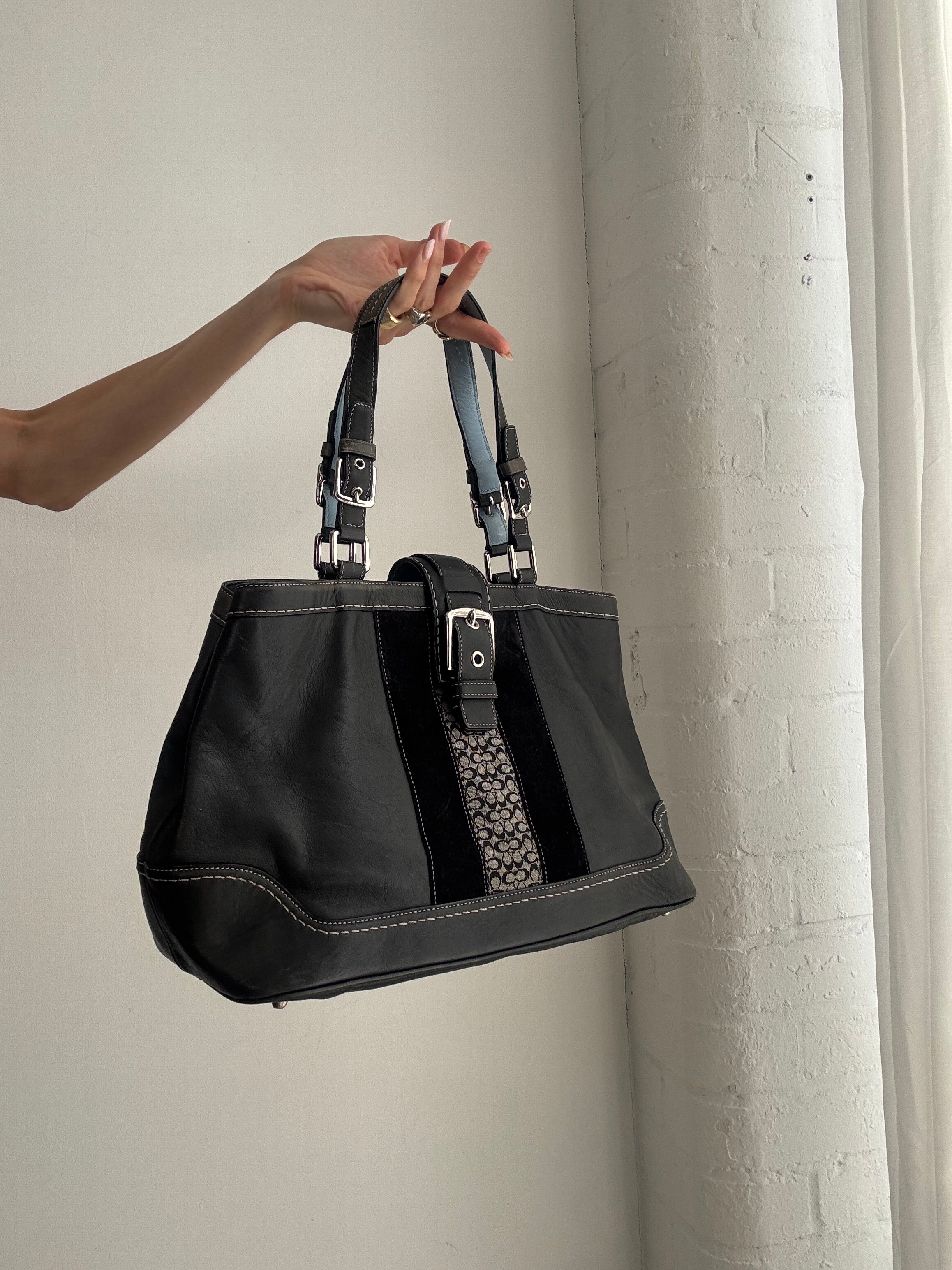 Vintage Y2K Coach Leather Shoulder Bag – Black Leather & Monogram Stripe Tote