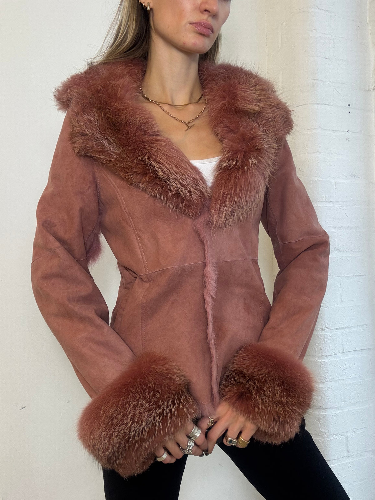 Vintage Y2K Morgan De Toi Dusty Pink Suede Fox Fur Trim Jacket - Size S