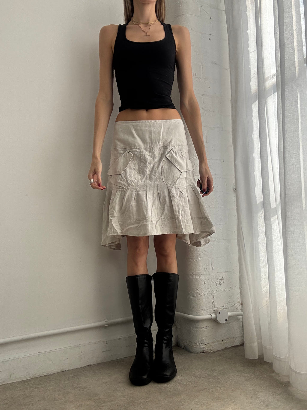 Vintage Y2K cream cotton ruffle asymmetric midi skirt