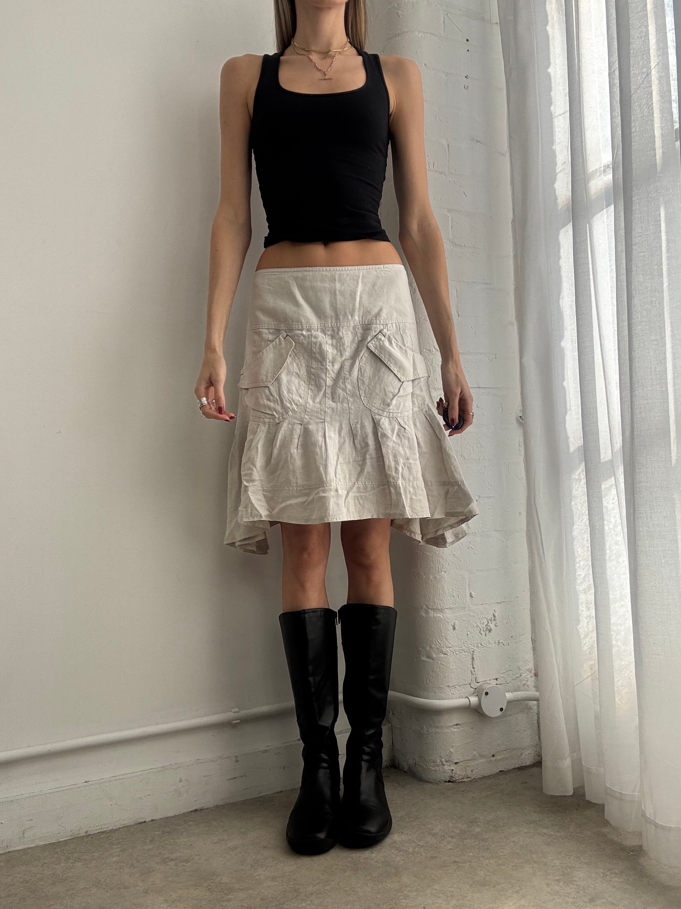 Vintage Y2K cream cotton ruffle asymmetric midi skirt