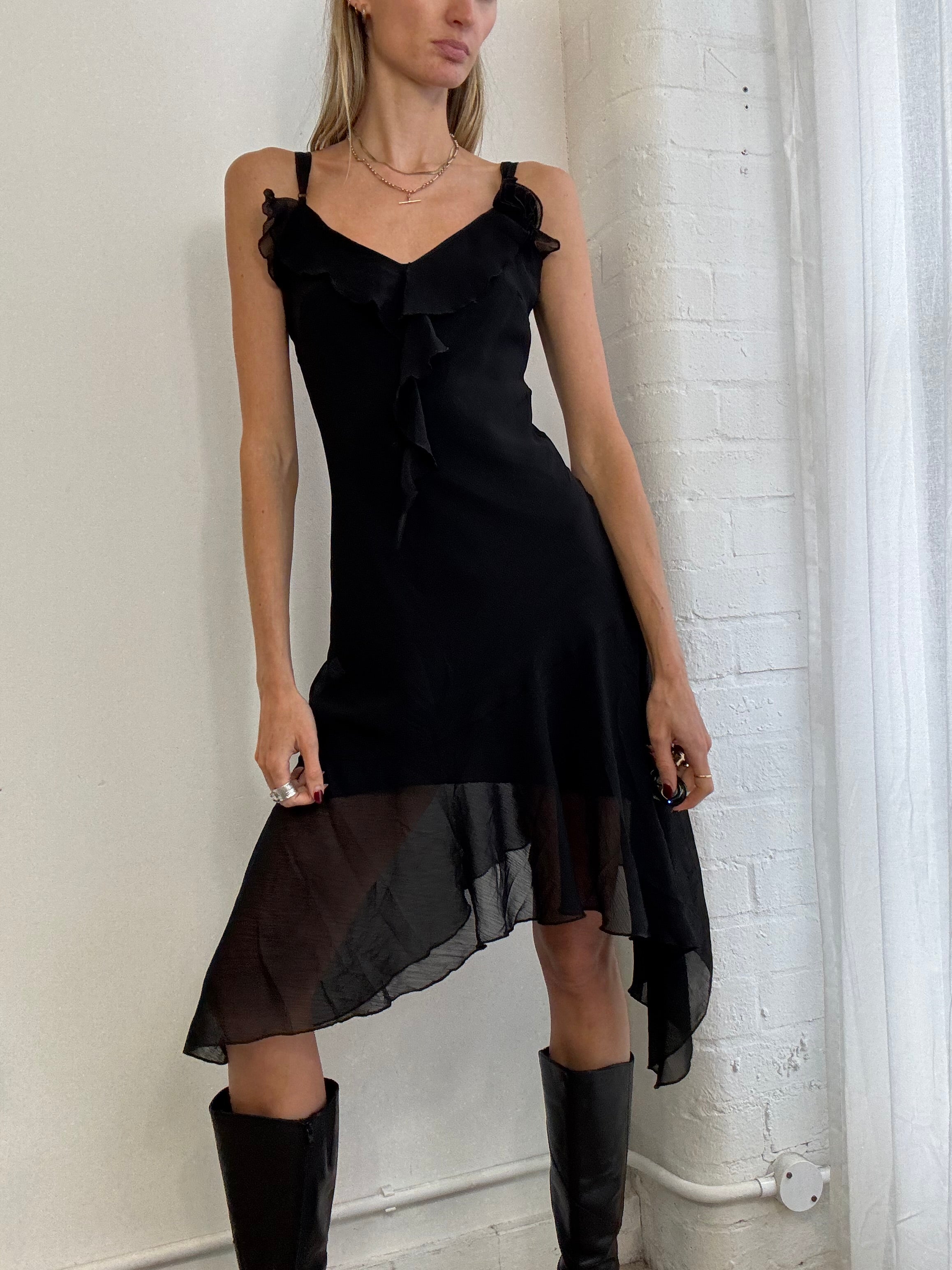 Vintage Y2K asymmetric black mesh slip dress