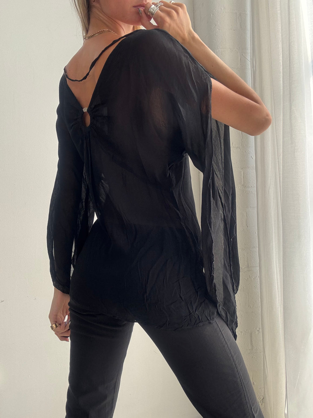 Vintage Y2K Black Sheer O-ring Top – Floaty Chiffon Long Sleeve Blouse - Size M