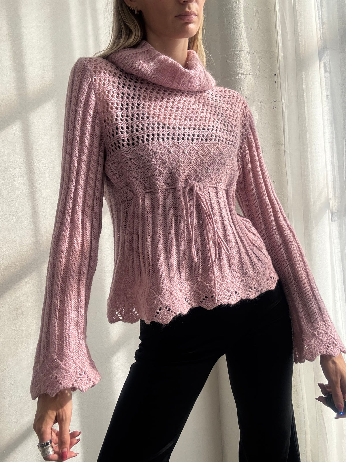 Vintage Y2K Morgan De Toi Dusty Pink Crochet Knit Bell Sleeve Top - Size S/M