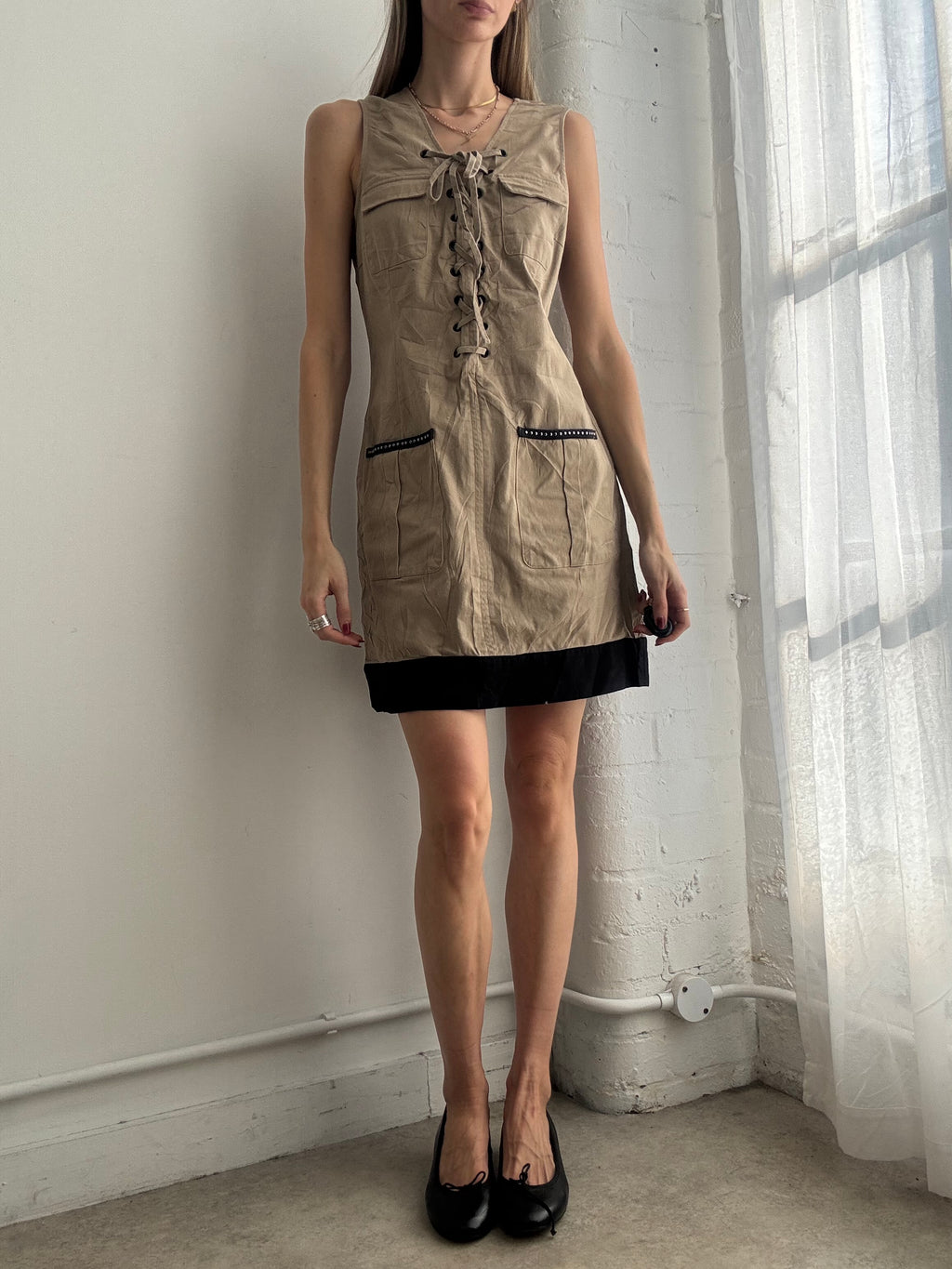 Vintage Y2k Lace Up Mini Dress Beige