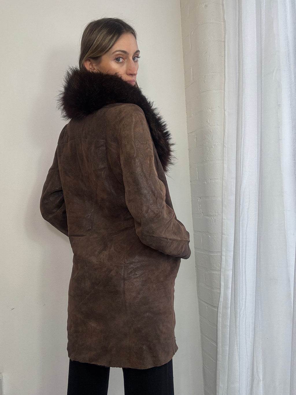 Vintage 90s brown leather & fur trim afghan coat