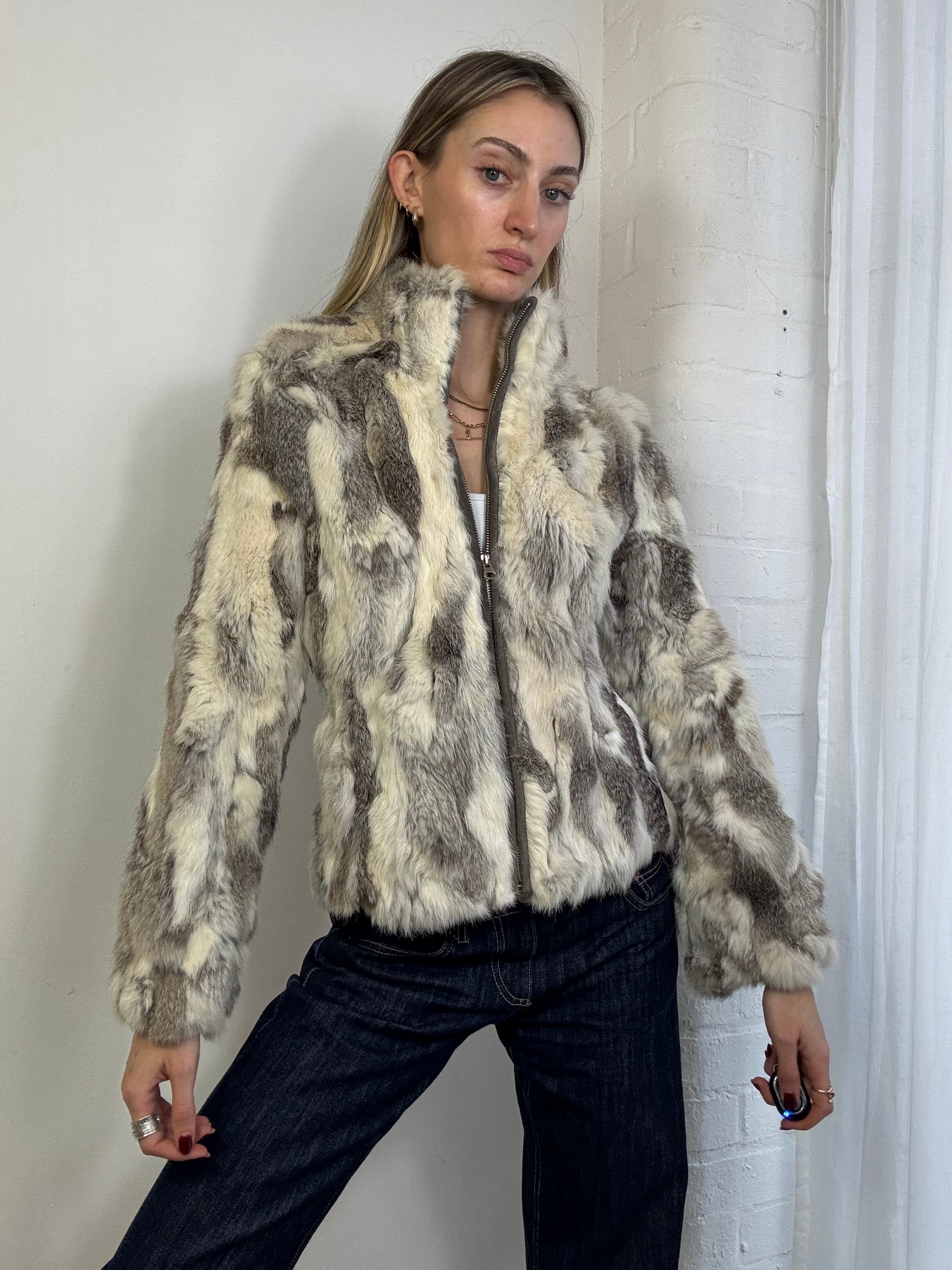 Vintage Y2K genuine fur zip up bomber jacket