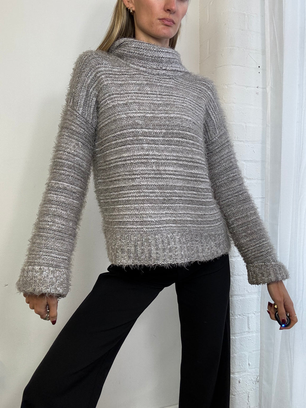 Vintage Y2K fluffy grey stripe knit jumper
