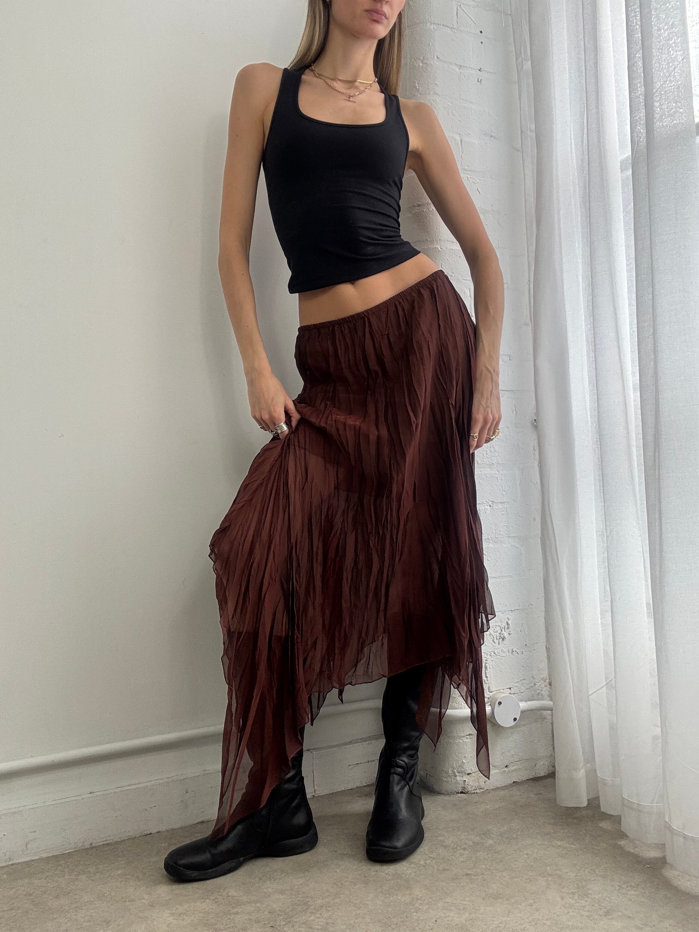 Vintage Y2K brown sheer mesh asymmetric pleated midi skirt