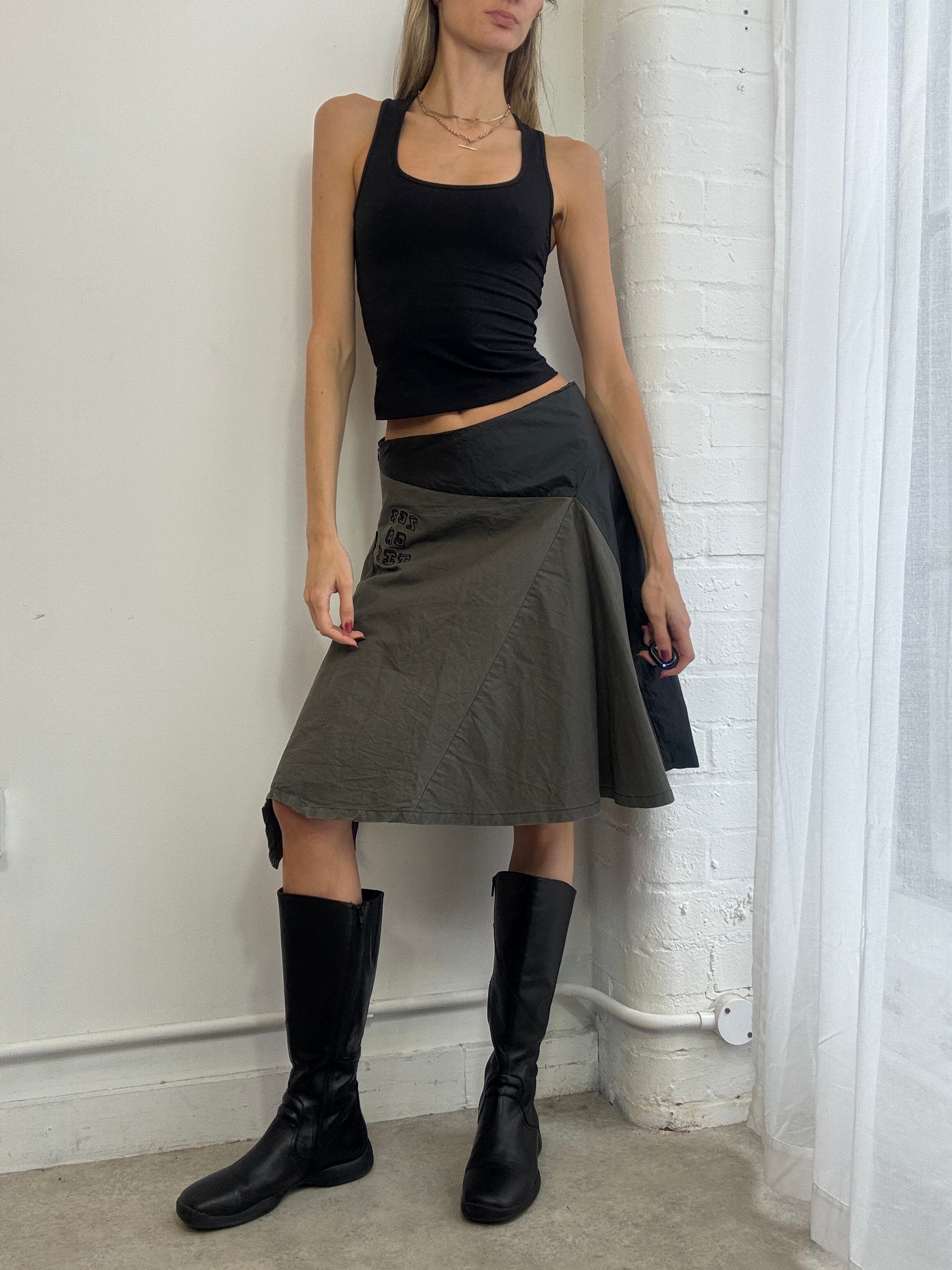 Vintage Y2K khaki green & black asymmetric midi skirt