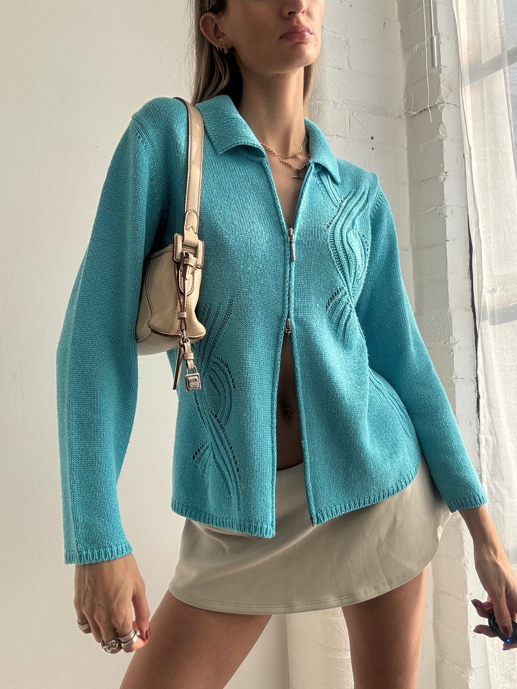 Vintage Y2k Turquoise Knitted Dual Zip Jumper