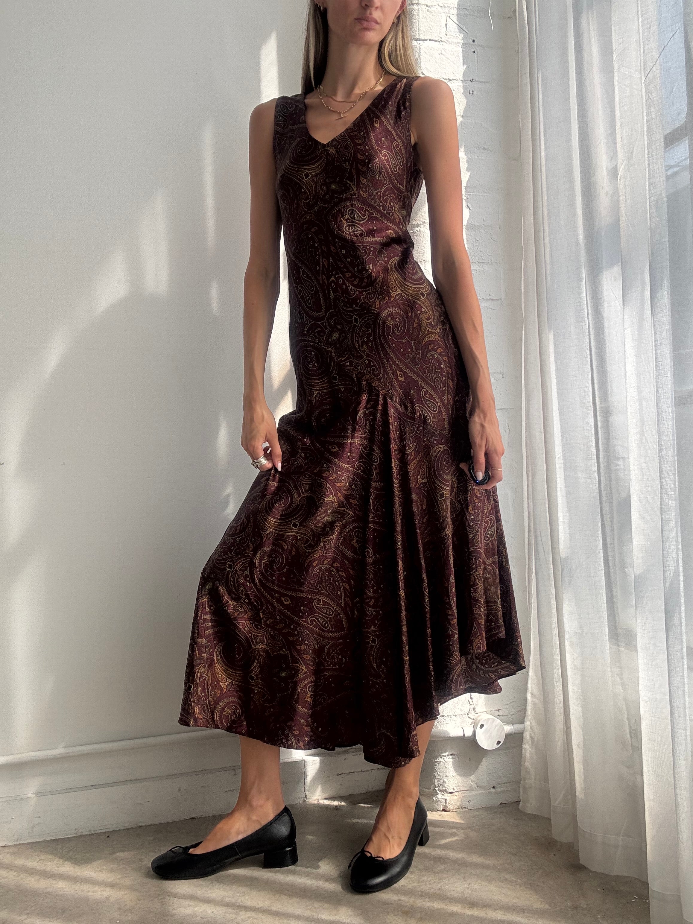 Vintage Y2K Ralph Lauren Burgundy Paisley Bias Cut Silk Maxi Dress - Size M