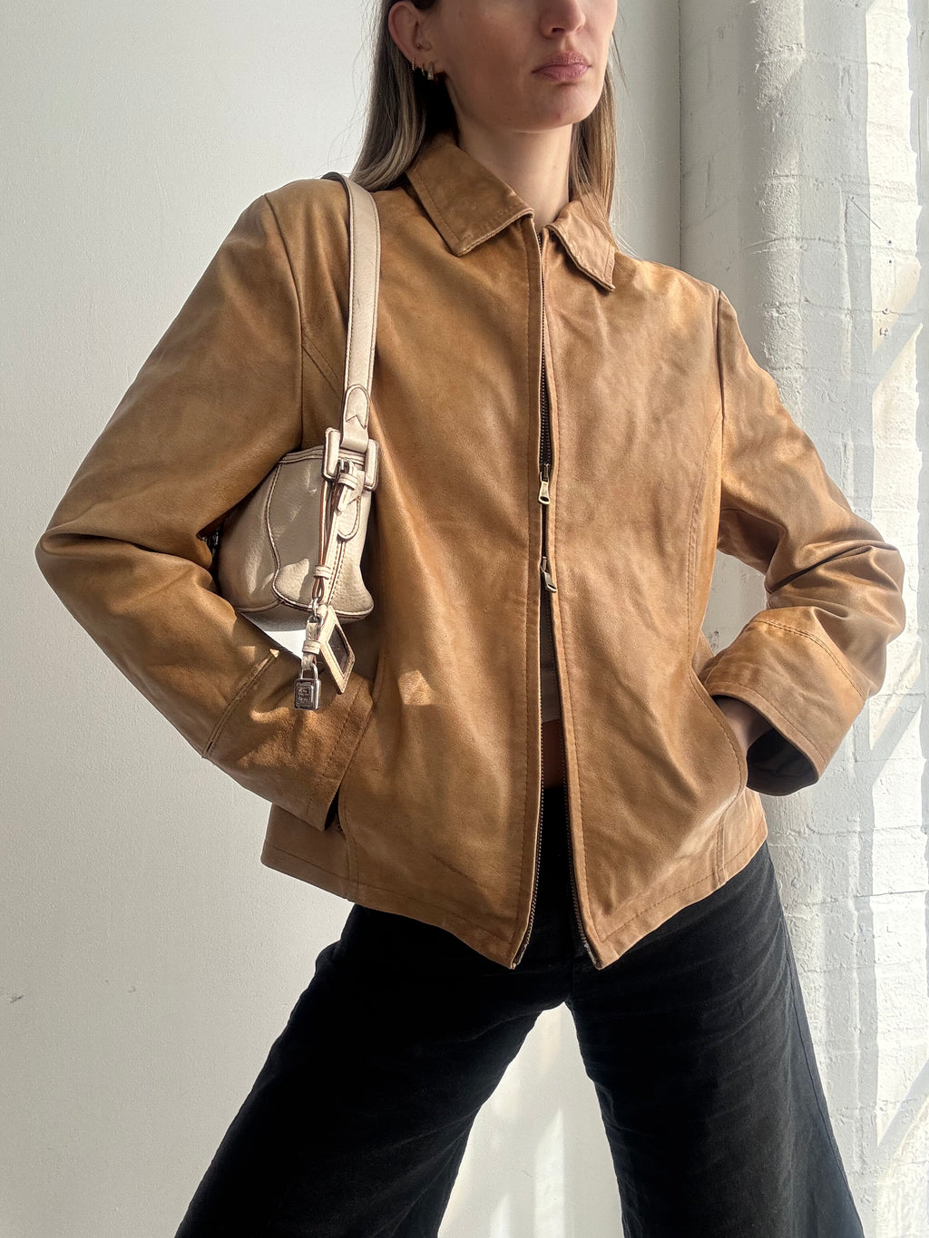 Vintage Y2K tan leather dual zip jacket - Size M