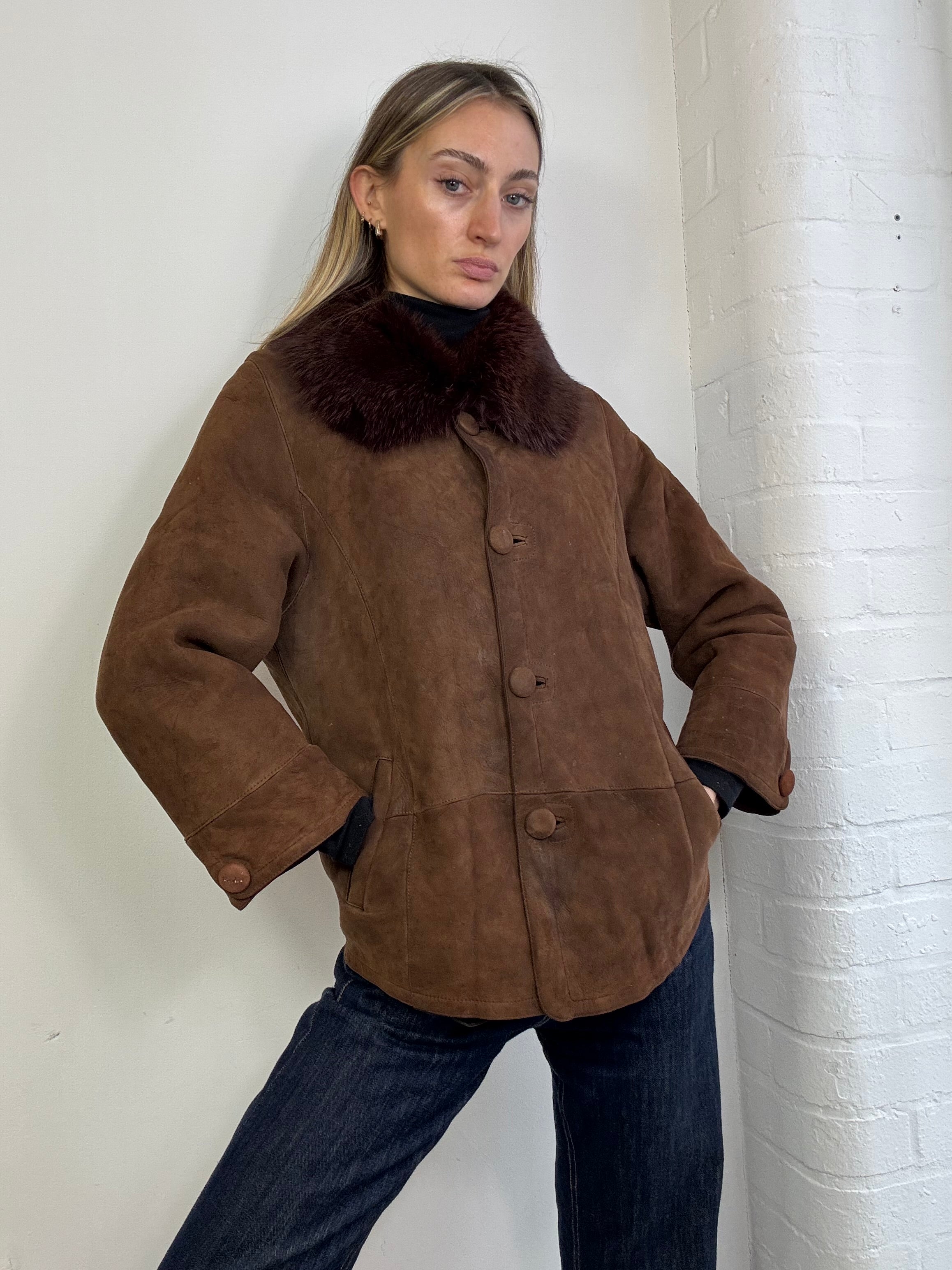 Vintage sheepskin coat with fox fur trim