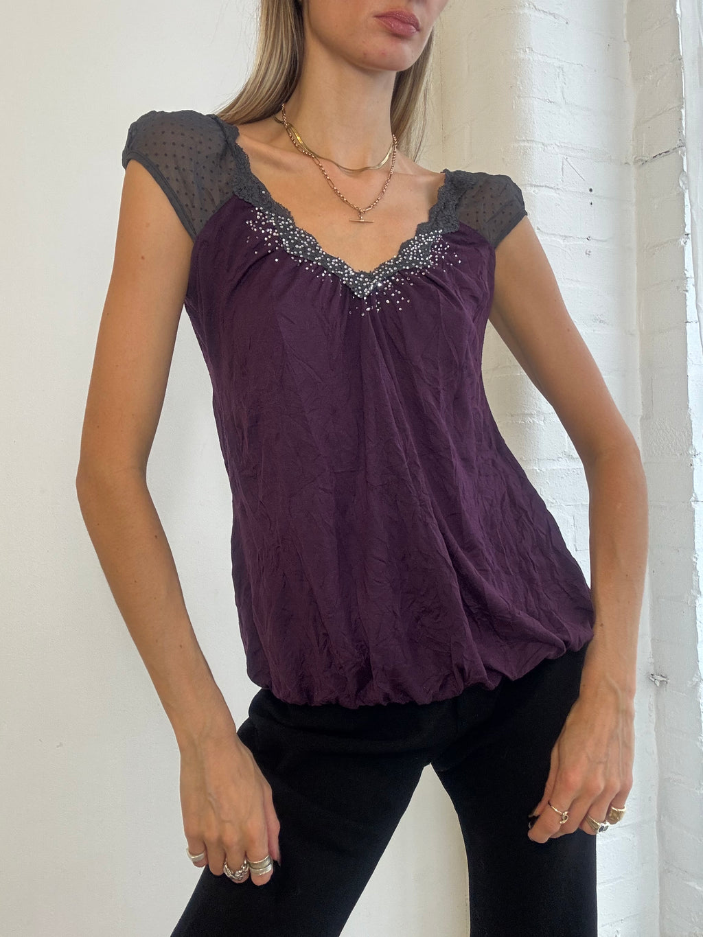 Vintage Y2K Plum Purple Embellished Tie Back Top - Size S/M
