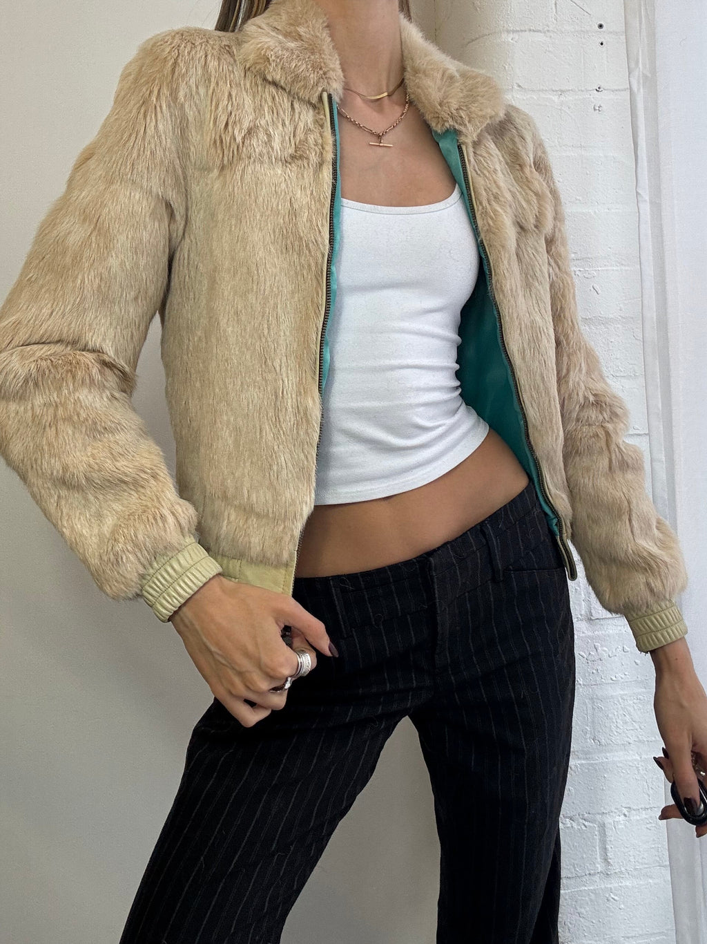 Vintage cream genuine fur bomber jacket