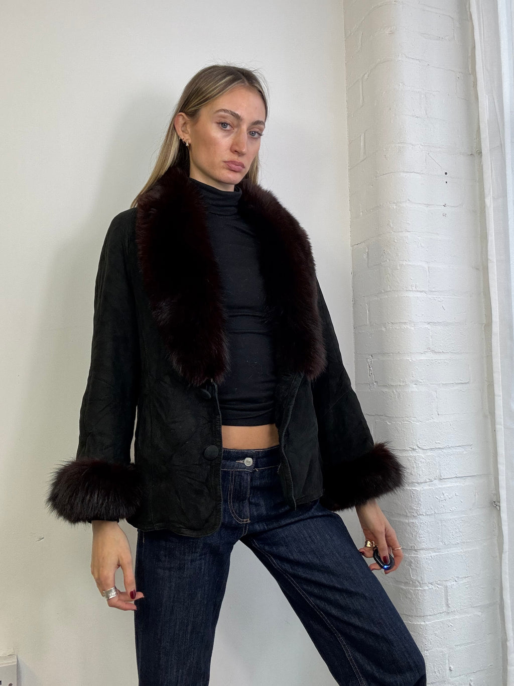 Vintage 90s black suede sheepskin & fox fur trim coat