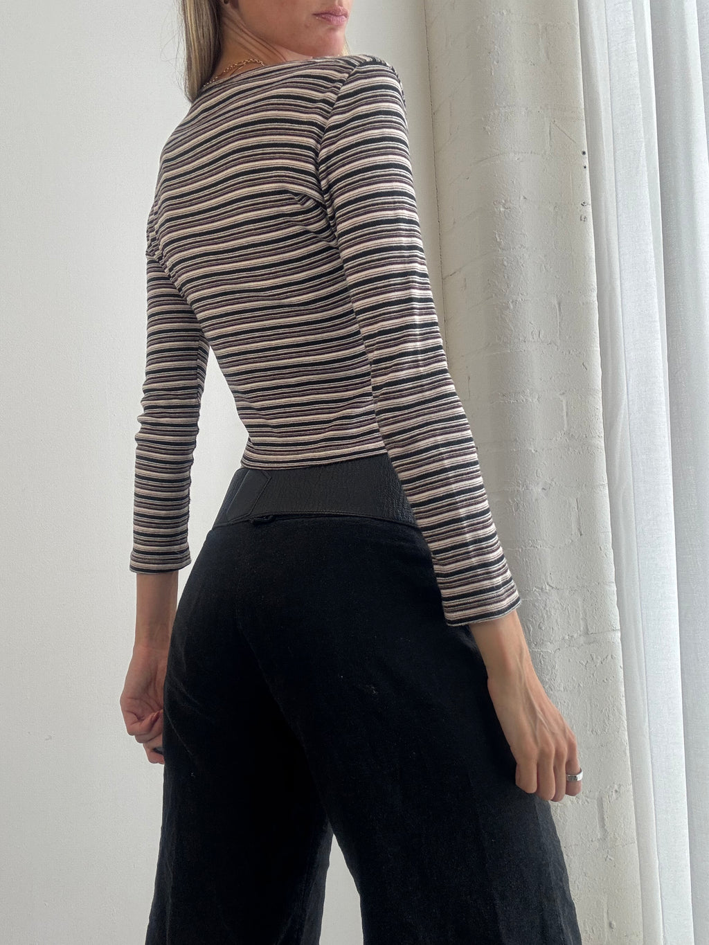 Vintage Y2K Brown & Cream Striped Long Sleeve Top - Size S
