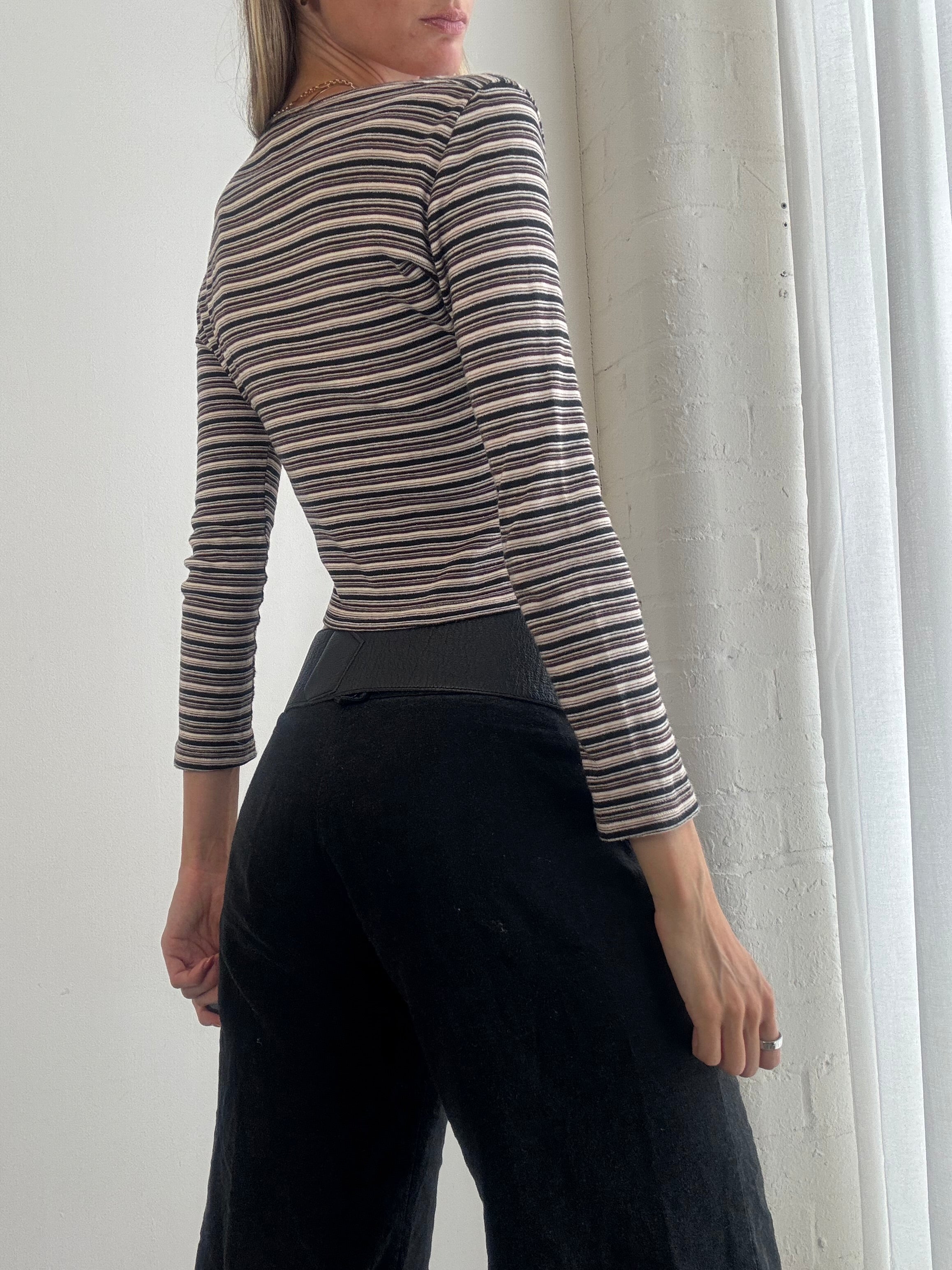 Vintage Y2K Brown & Cream Striped Long Sleeve Top - Size S
