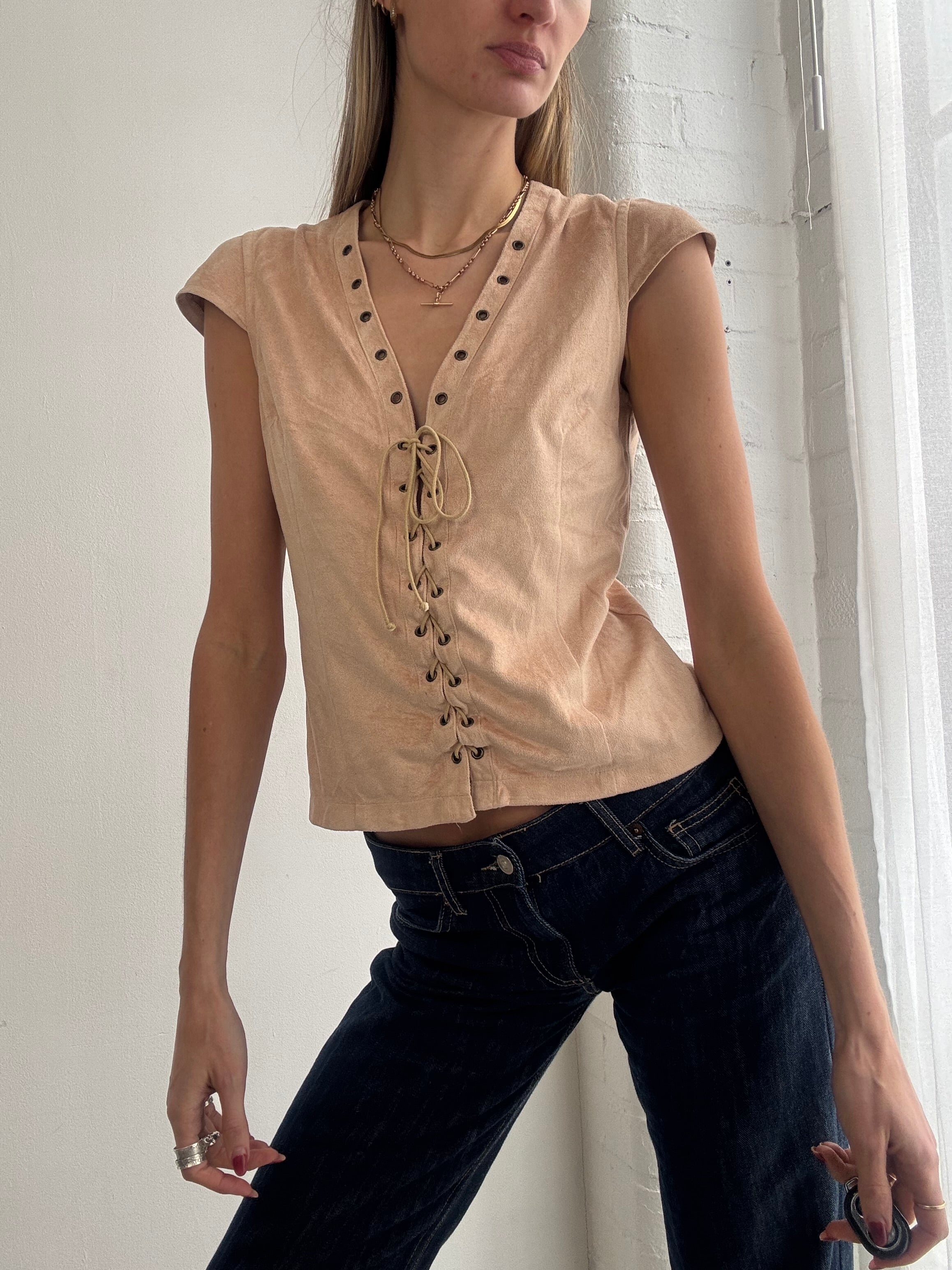 Vintage Y2K beige faux suede lace-up top