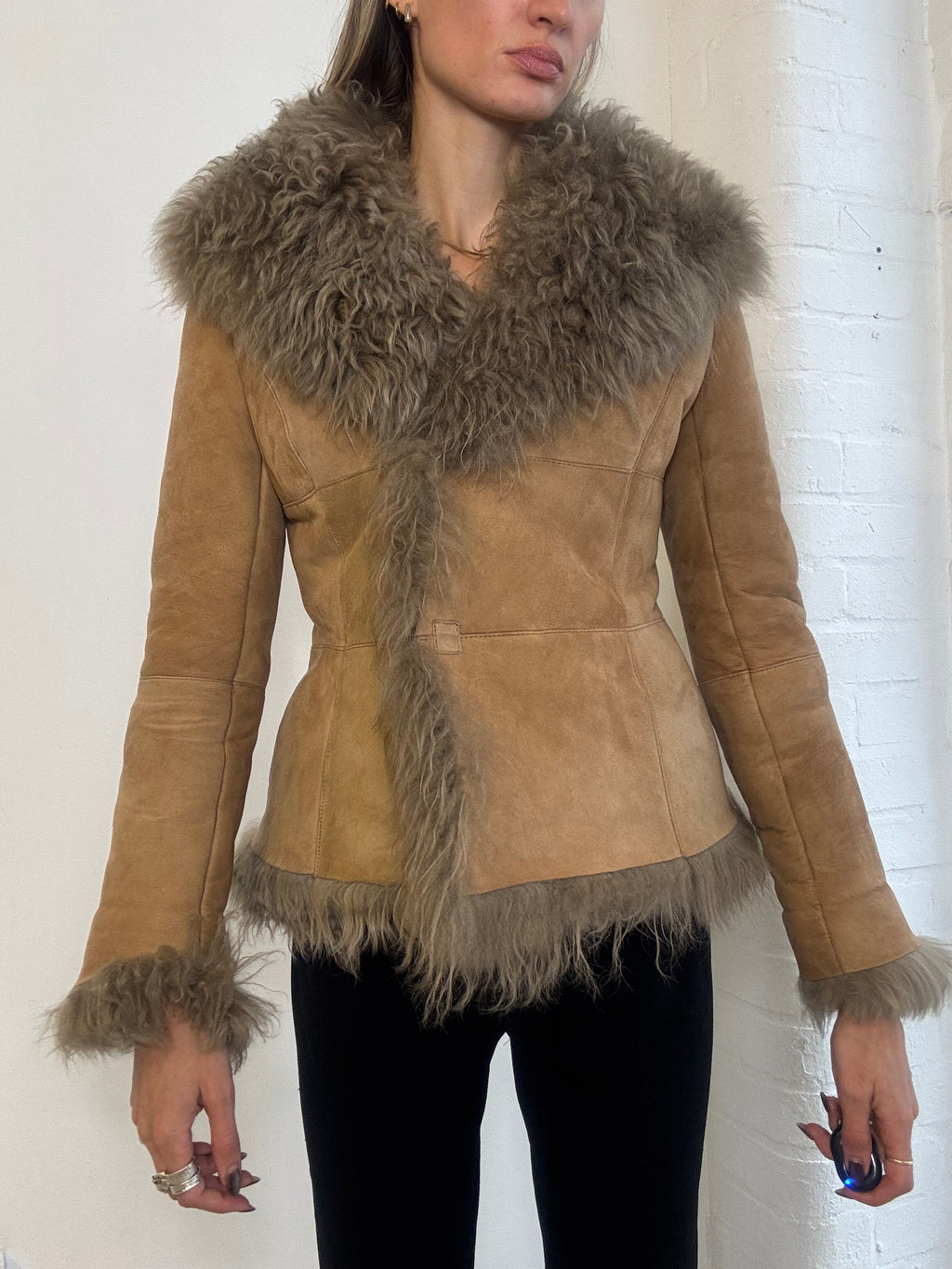 Vintage Y2K Tan Suede & Shaggy Shearling Trim Penny Lane Jacket - Size XS