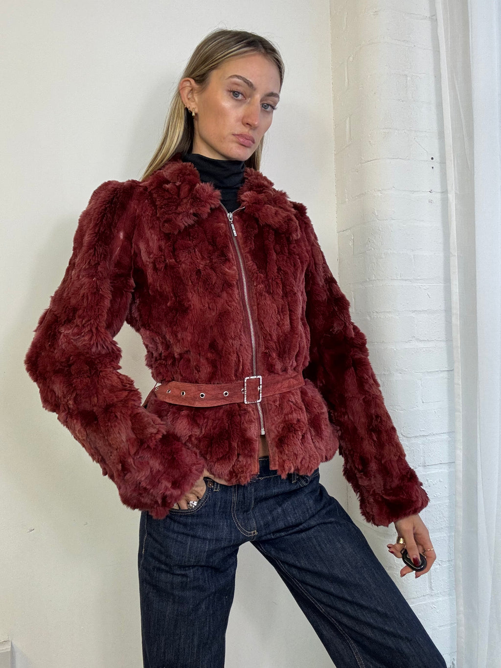 Vintage Y2K burgundy genuine fur zip up jacket