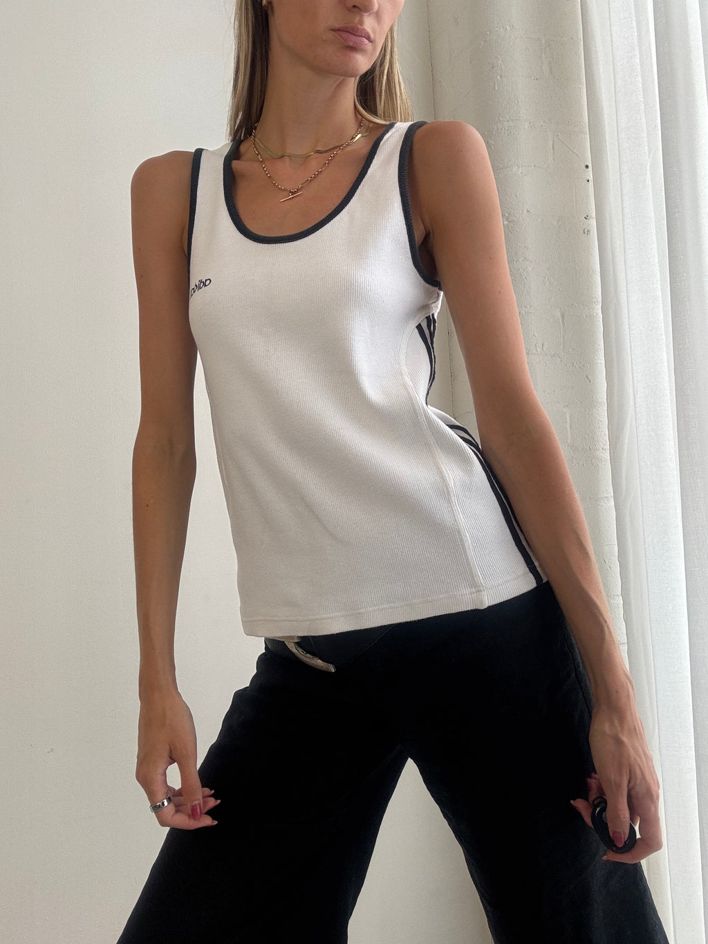 Vintage Adidas Y2K White Three Stripe Tank Top - Size S