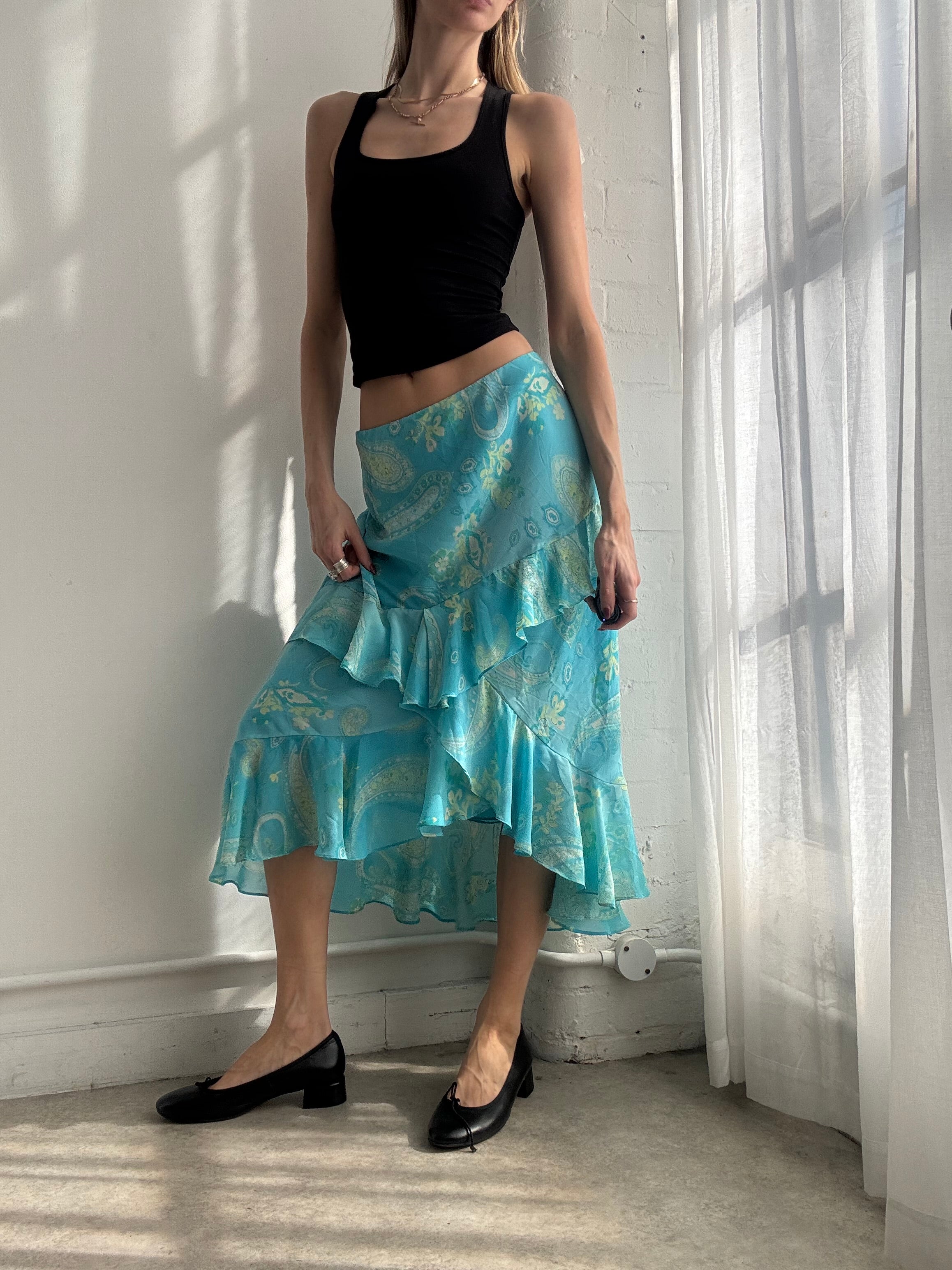 Vintage Y2K turquoise floral ruffle mesh midi skirt asymmetric