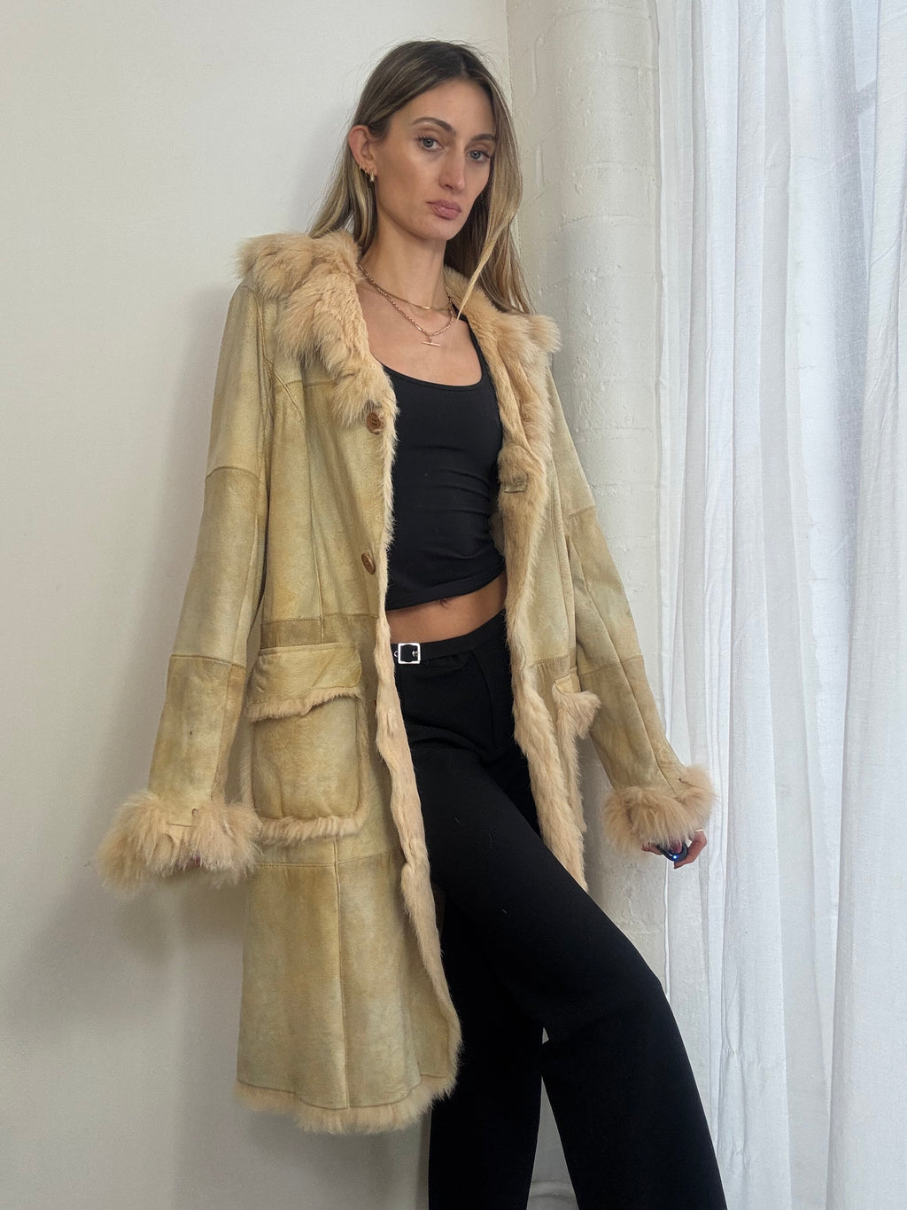 Vintage Y2K cream genuine suede long coat real fur trim