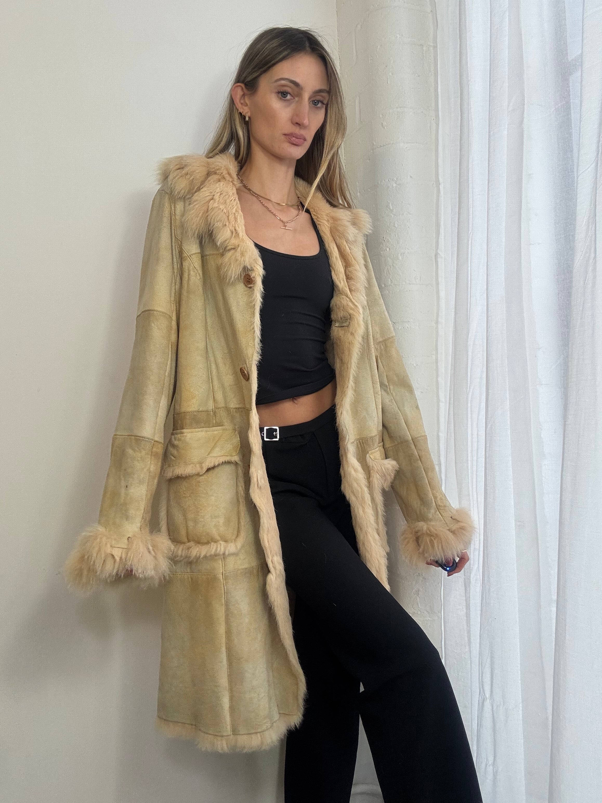 Vintage Y2K cream genuine suede long coat real fur trim