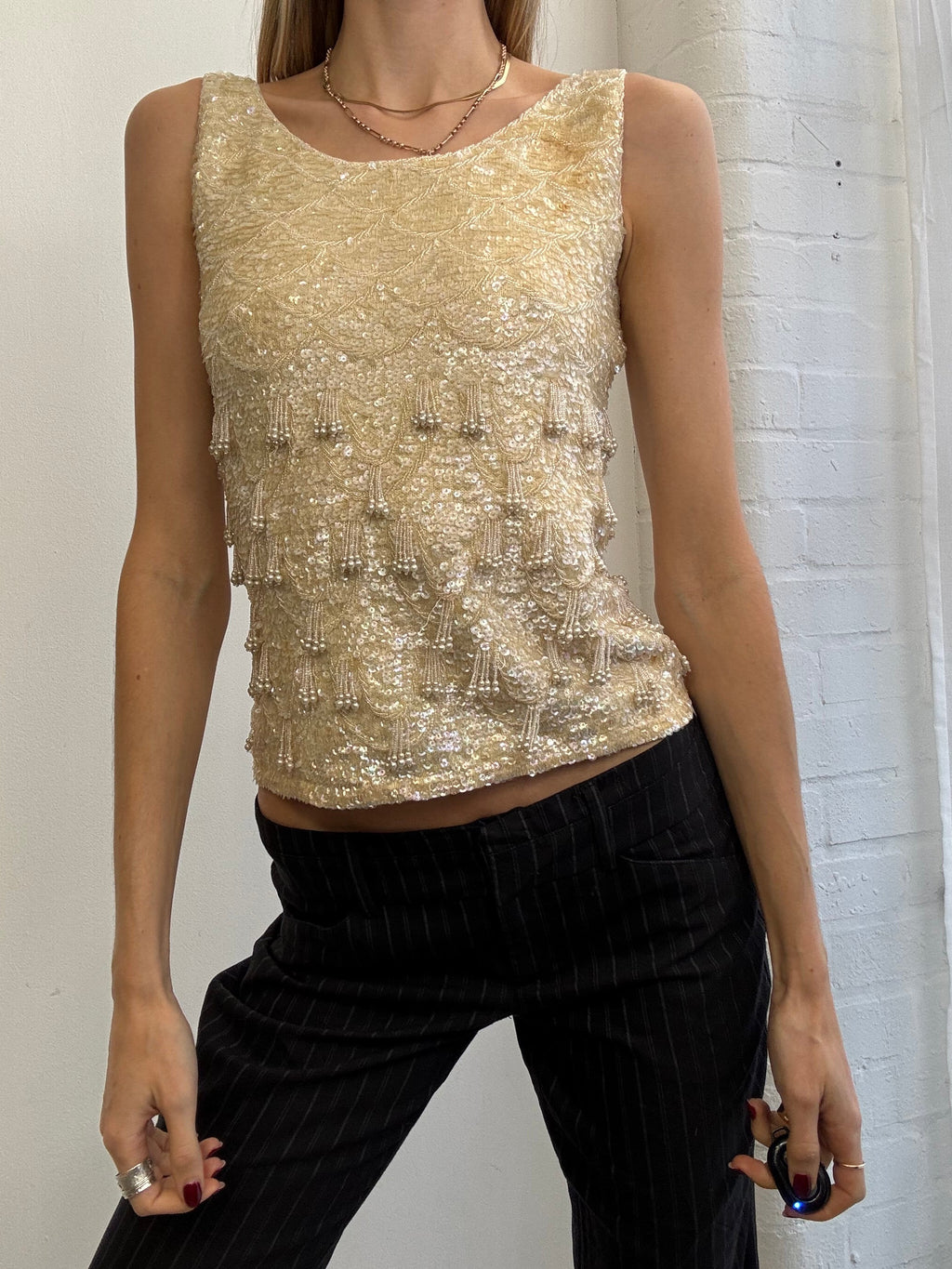 Vintage 90s cream beaded boat neck top