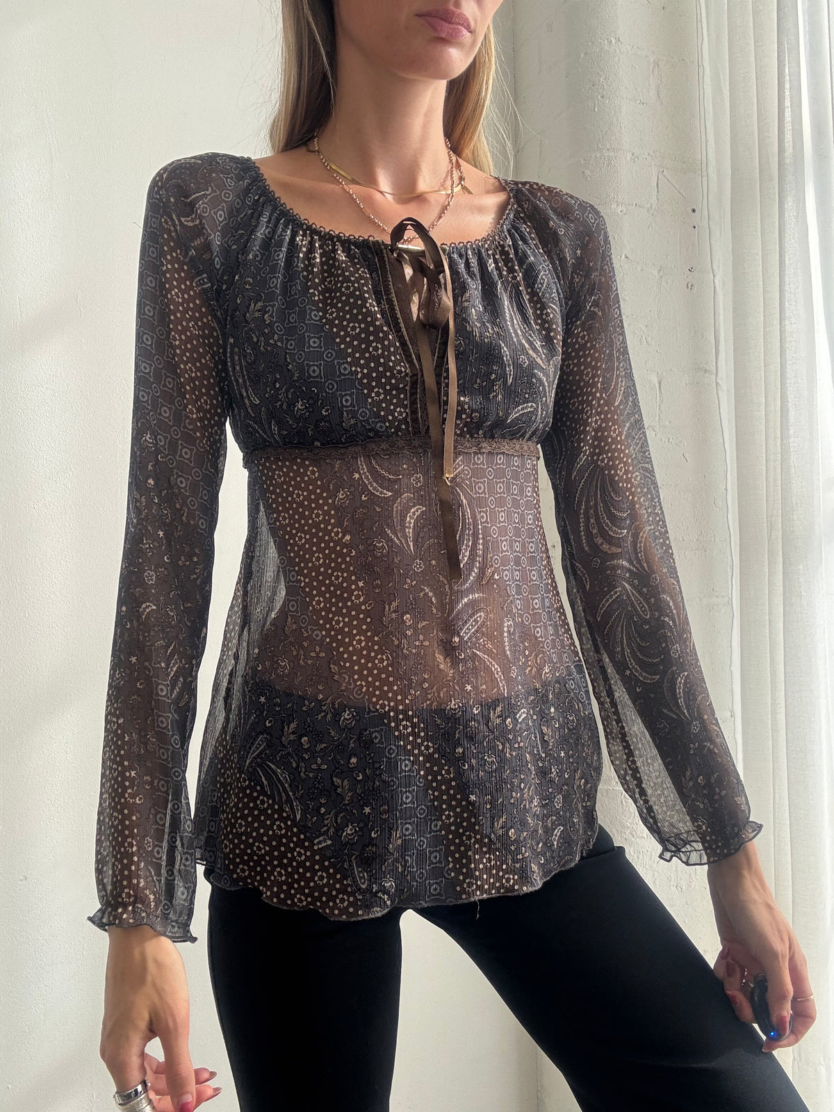 Vintage Y2K Brown Paisley Sheer Mesh Peasant Top - Size S