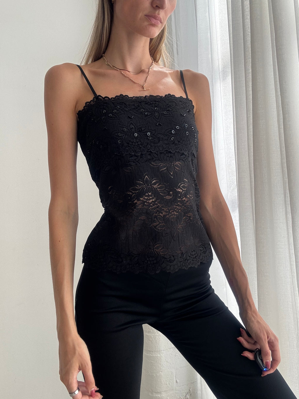Vintage Y2K Black Lace Sequin Cami Top - Size M