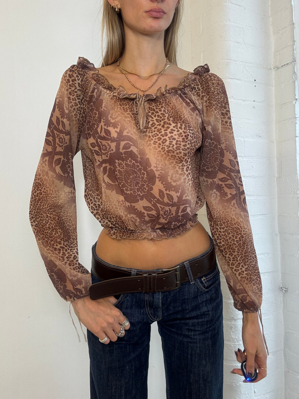 Vintage Y2K Etam Brown Leopard & Floral Mesh Bardot Top - Size S
