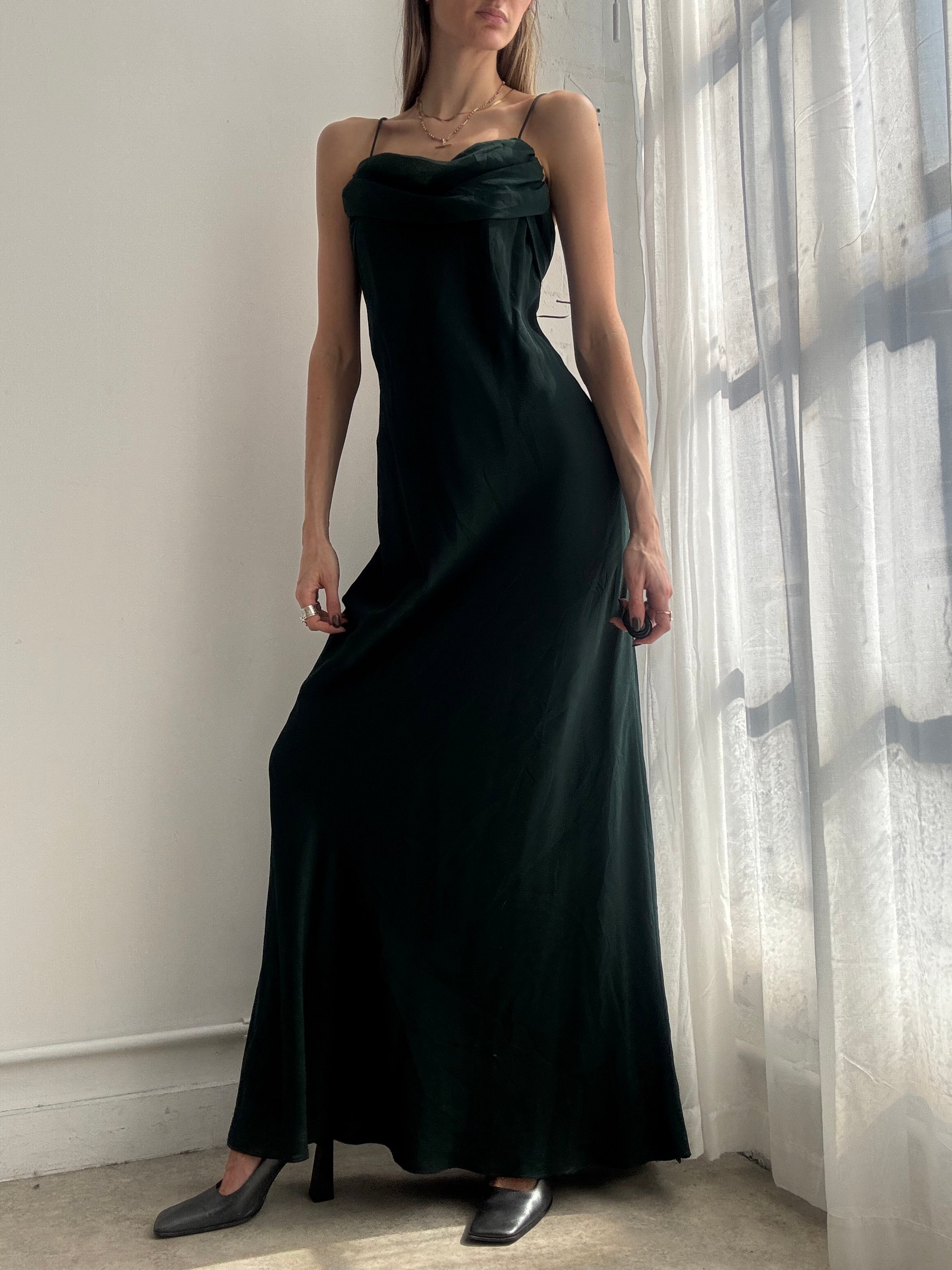 Vintage Y2K dark green draped mesh maxi dress - Size L