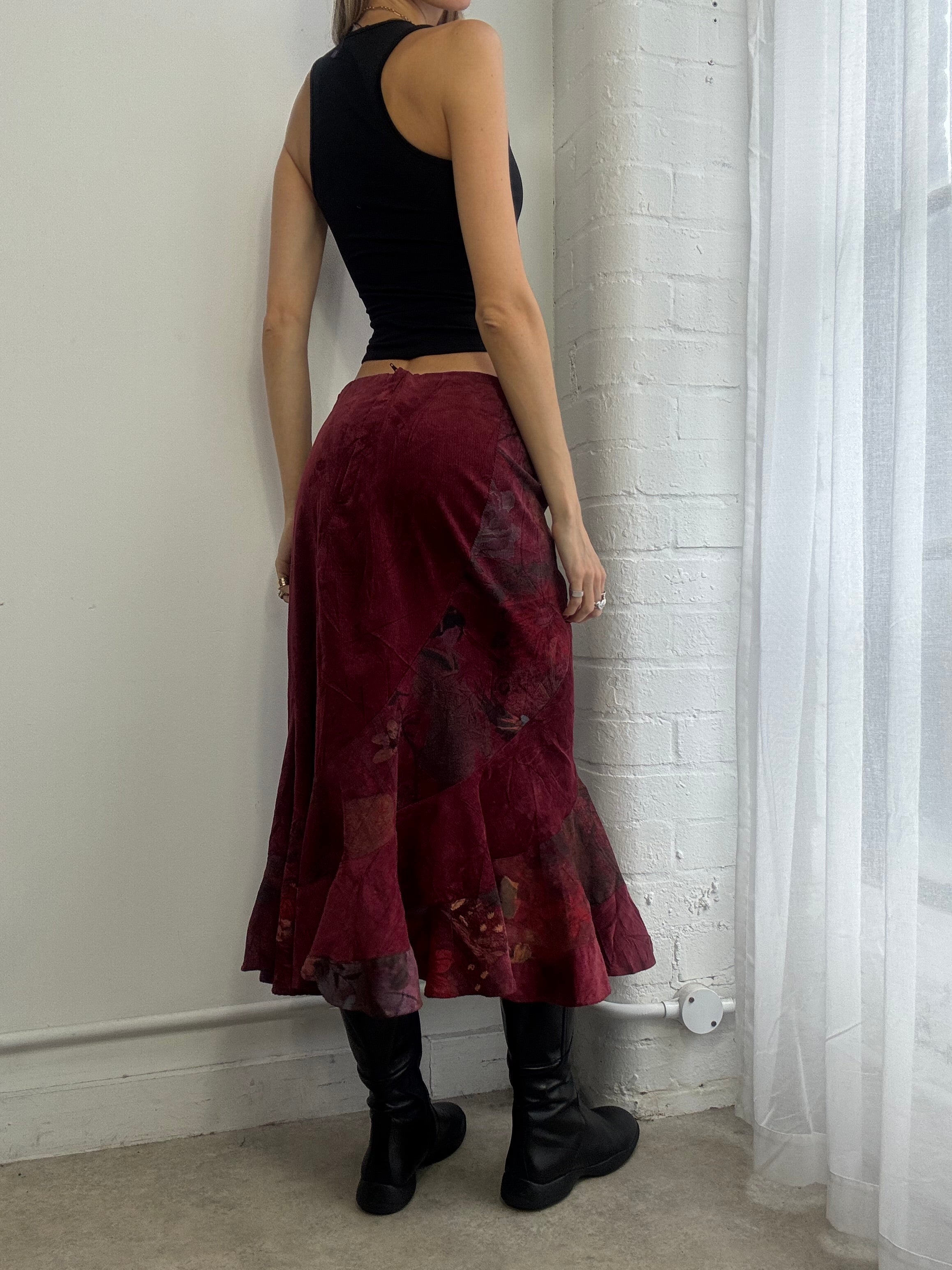 Vintage 90s red floral corduroy maxi skirt