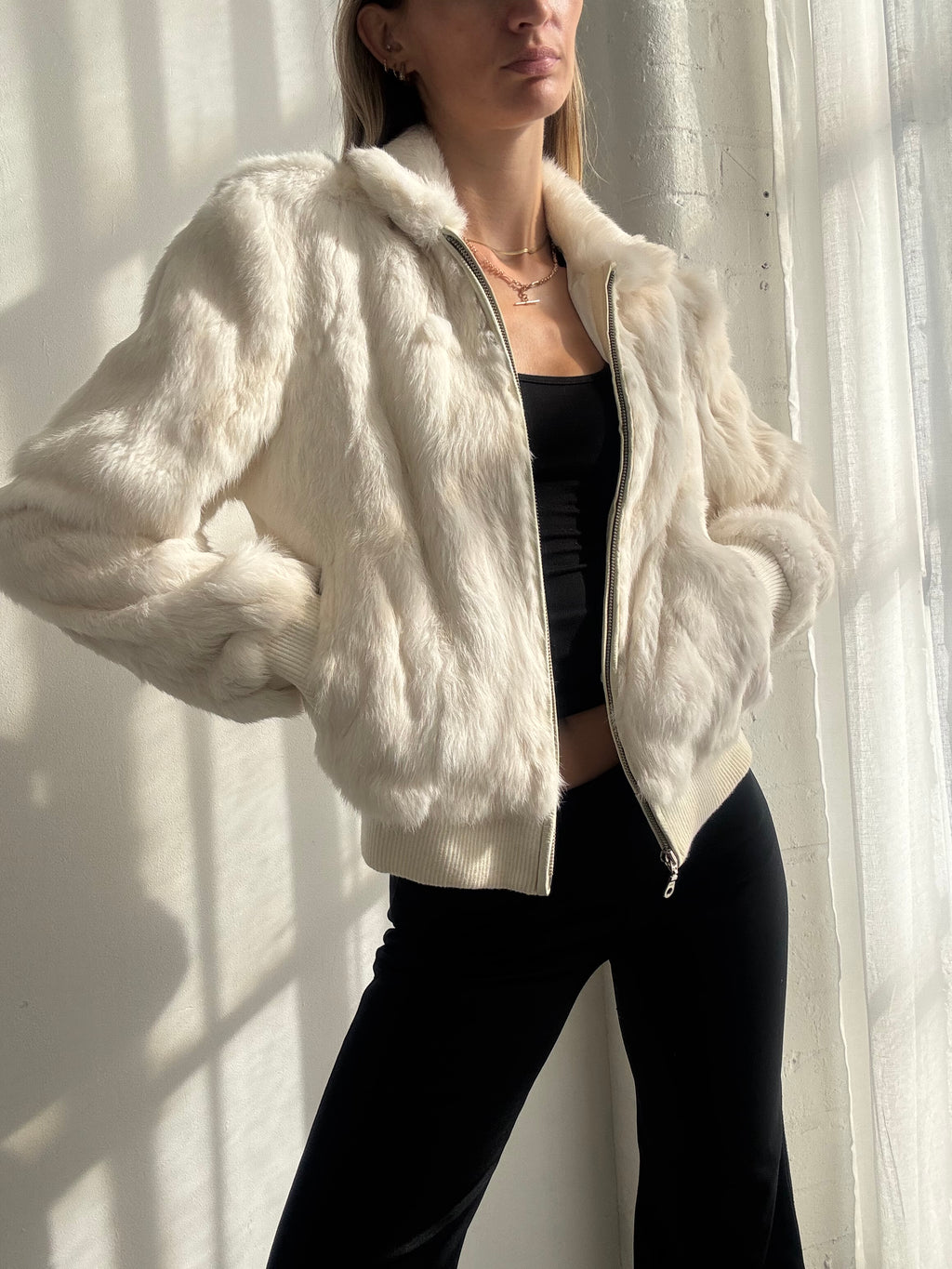 Vintage Y2K Cream Rabbit Fur Zip Up Bomber Jacket - Size S/M